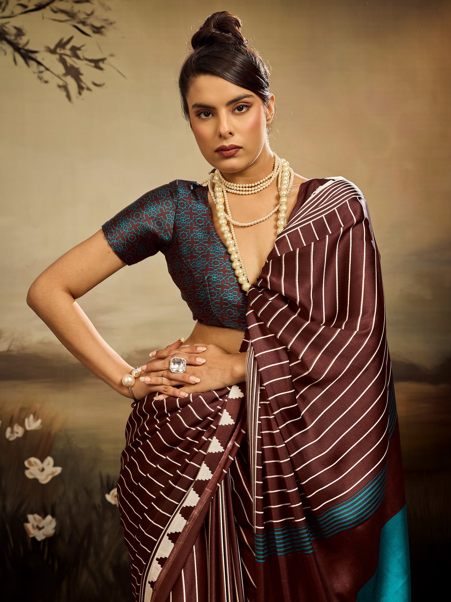 Women's Satin Silk Dark Brown Printed Designer Saree With Blouse Piece