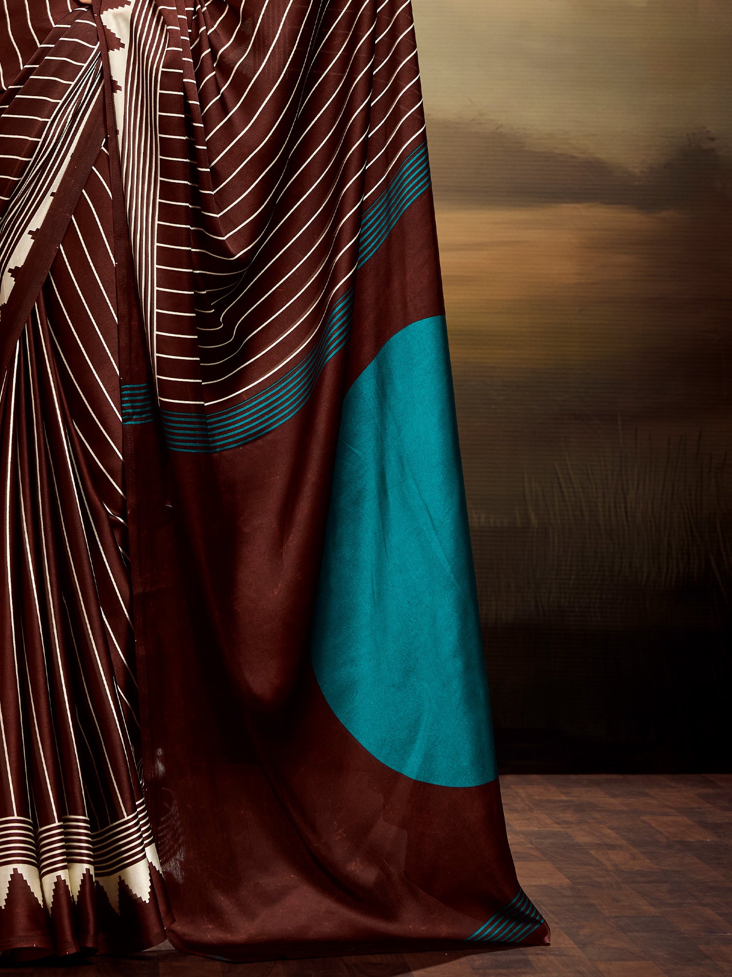 Women's Satin Silk Dark Brown Printed Designer Saree With Blouse Piece
