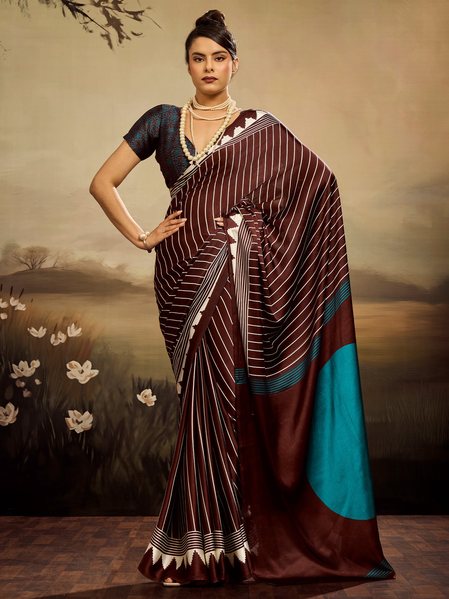 Women's Satin Silk Dark Brown Printed Designer Saree With Blouse Piece
