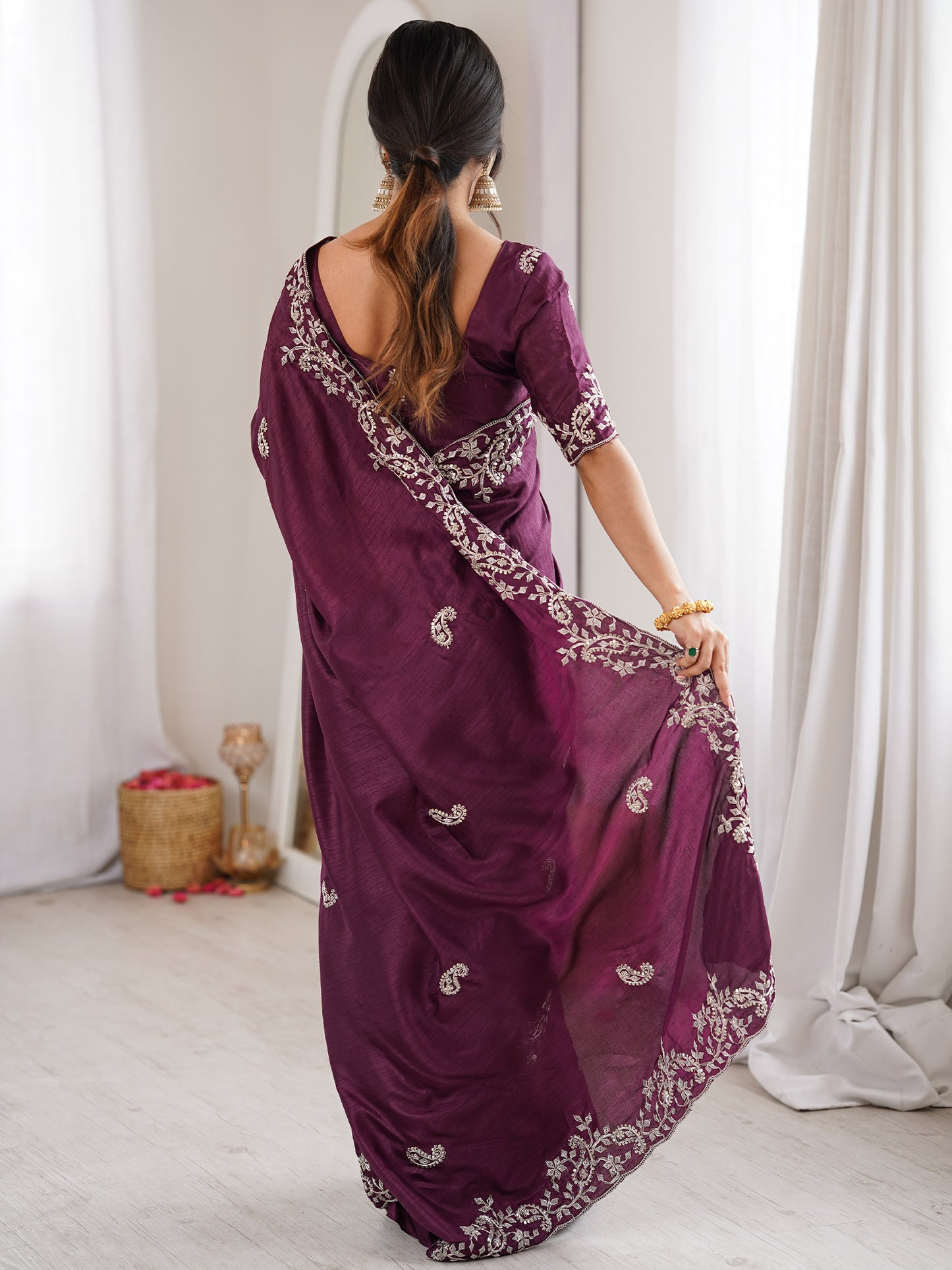Women's Dola Silk Wine Embellished Designer Saree With Blouse Piece