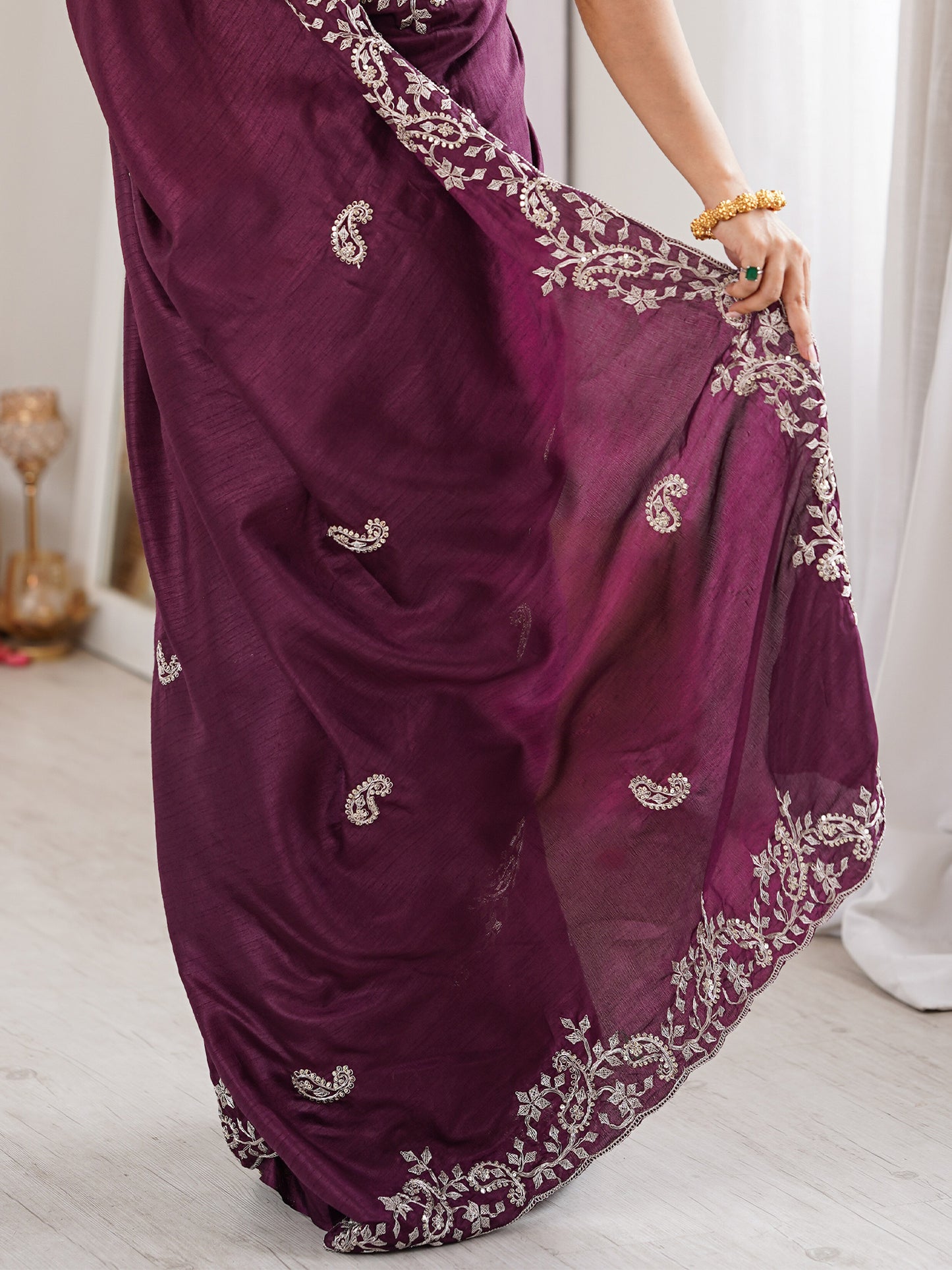 Women's Dola Silk Wine Embellished Designer Saree With Blouse Piece