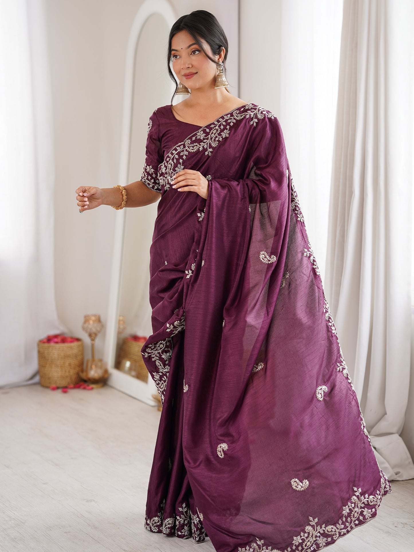 Women's Dola Silk Wine Embellished Designer Saree With Blouse Piece