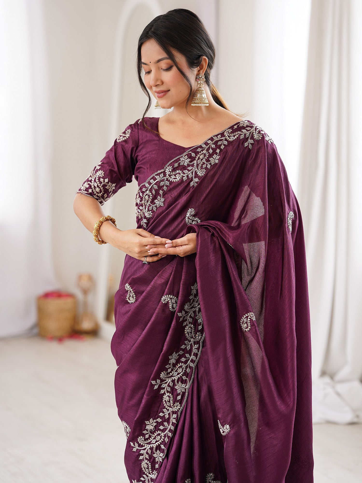 Women's Dola Silk Wine Embellished Designer Saree With Blouse Piece