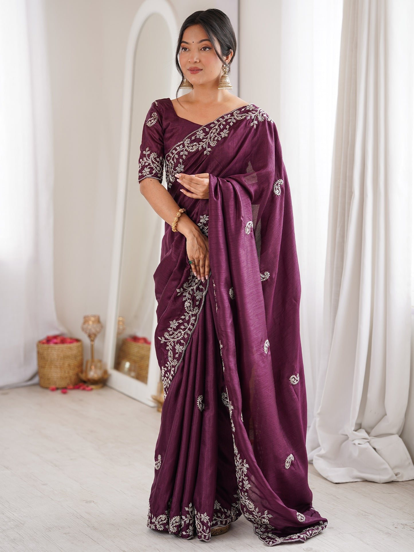 Women's Dola Silk Wine Embellished Designer Saree With Blouse Piece