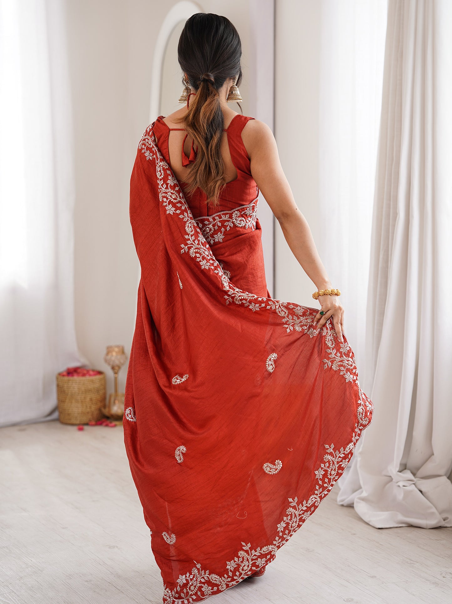 Women's Dola Silk Rust Embellished Designer Saree With Blouse Piece