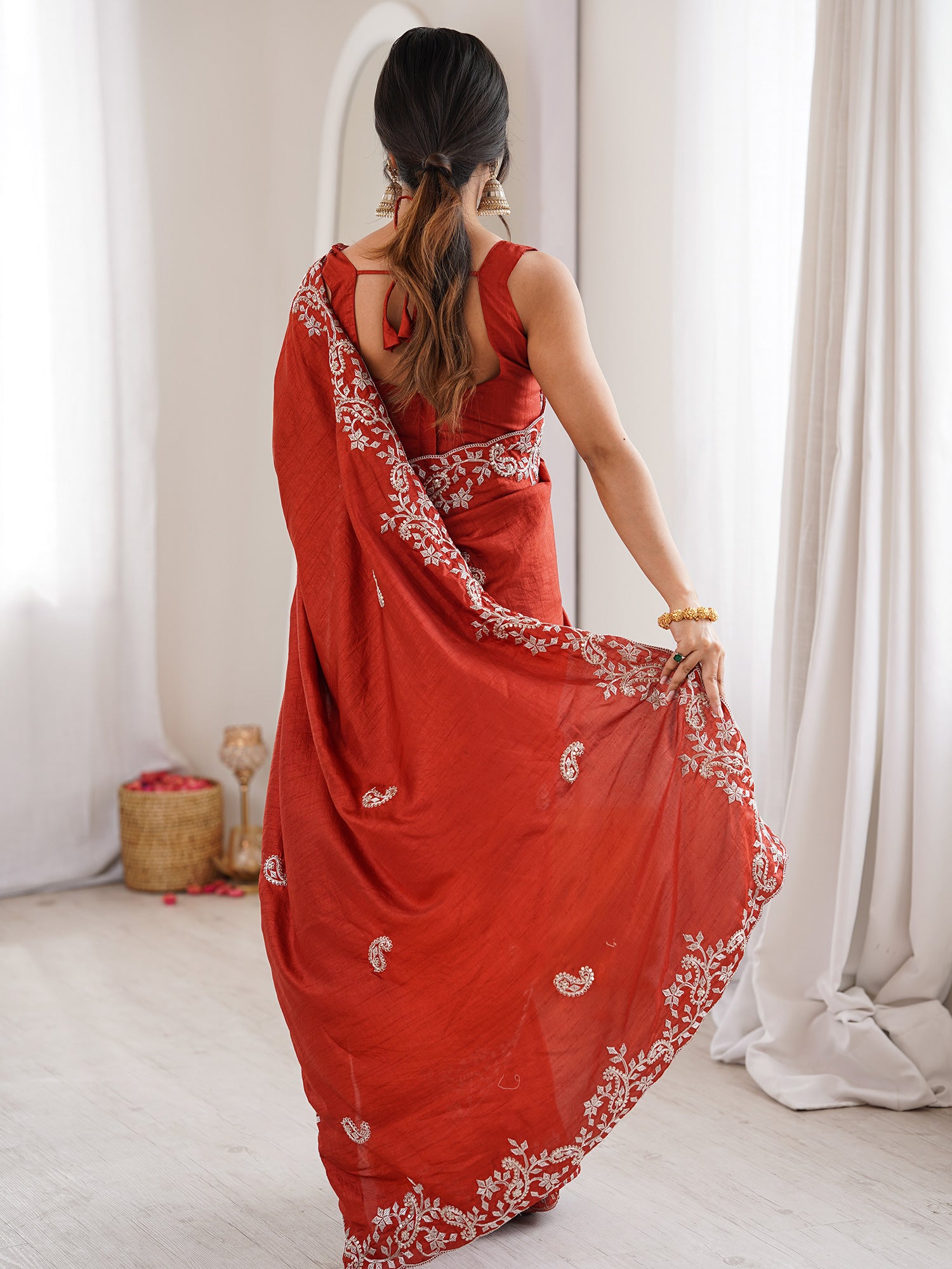 Women's Dola Silk Rust Embellished Designer Saree With Blouse Piece