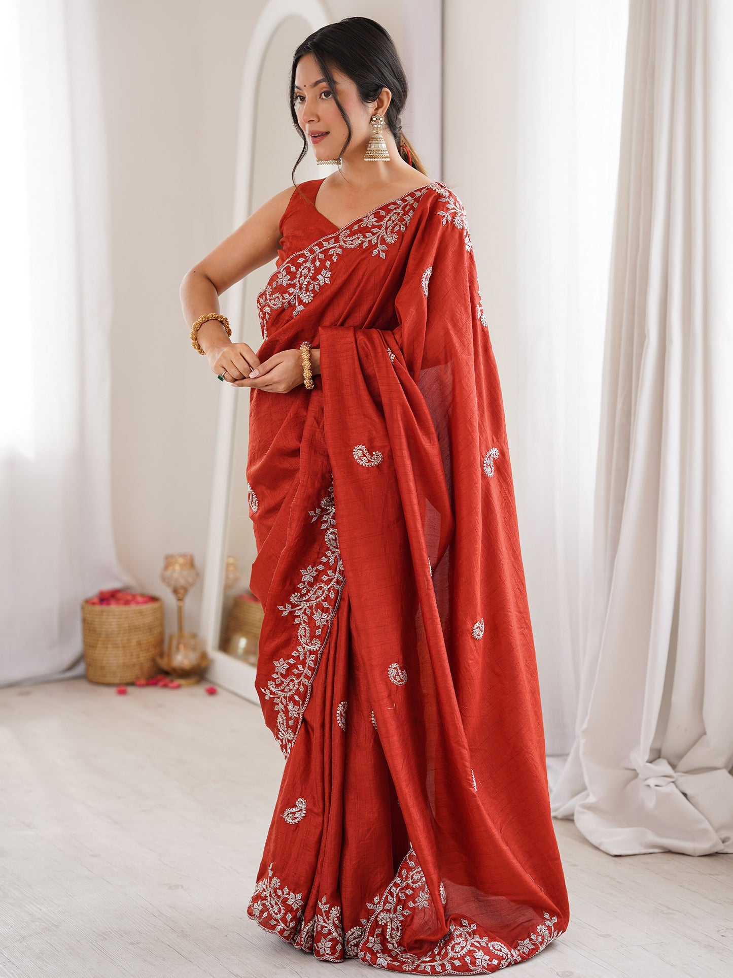 Women's Dola Silk Rust Embellished Designer Saree With Blouse Piece