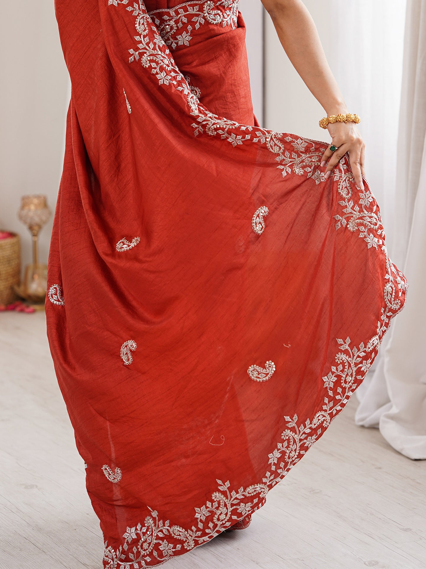 Women's Dola Silk Rust Embellished Designer Saree With Blouse Piece