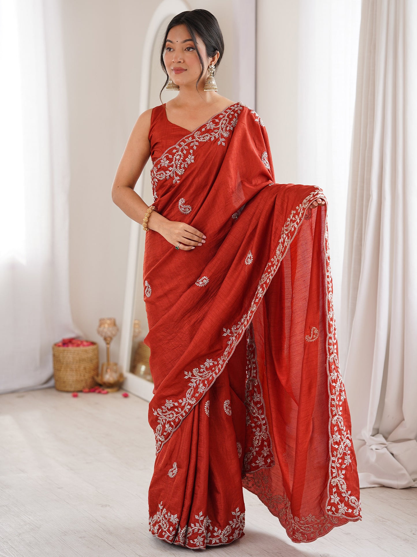 Women's Dola Silk Rust Embellished Designer Saree With Blouse Piece