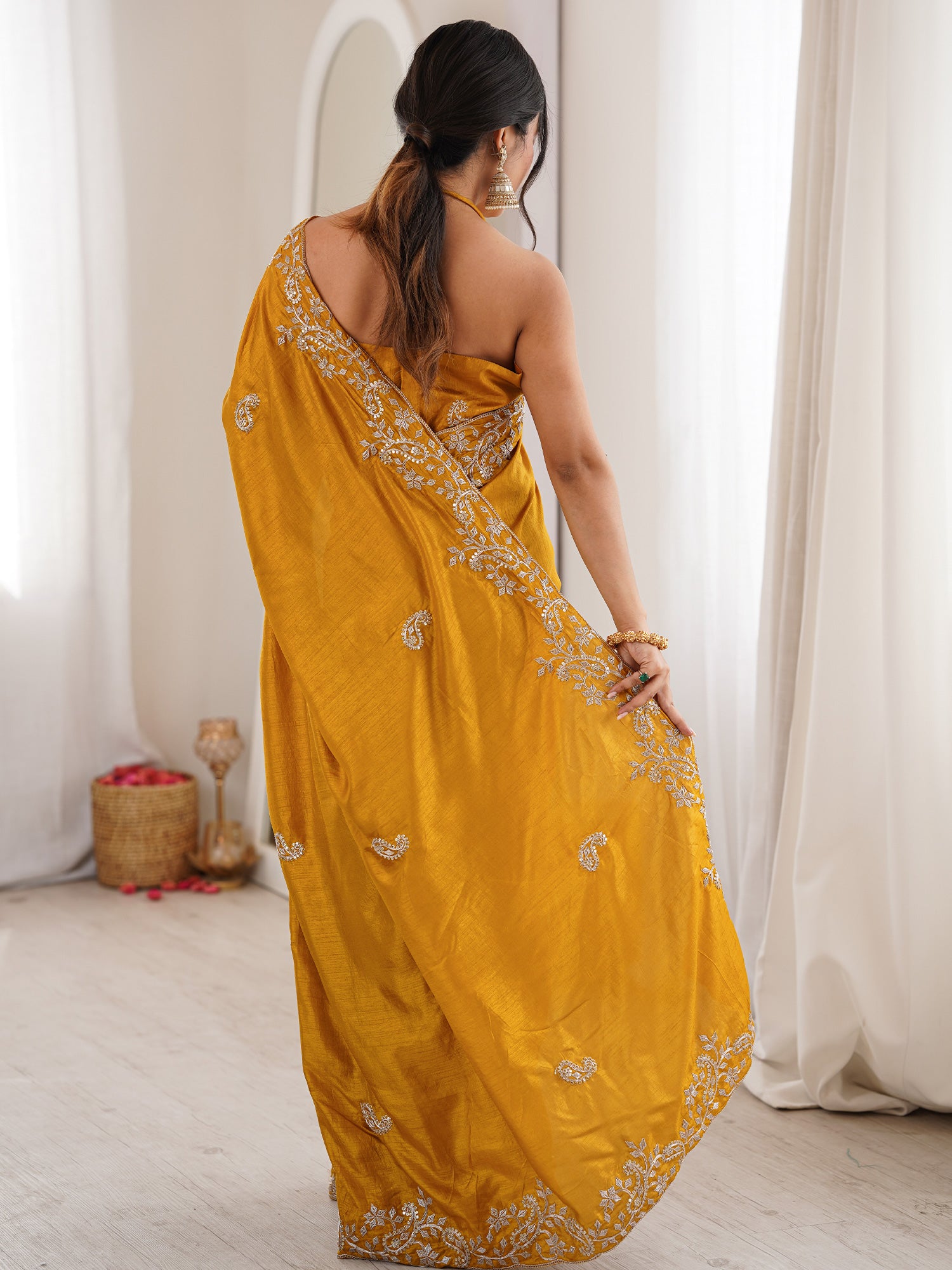 Women's Dola Silk Mustard Embellished Designer Saree With Blouse Piece
