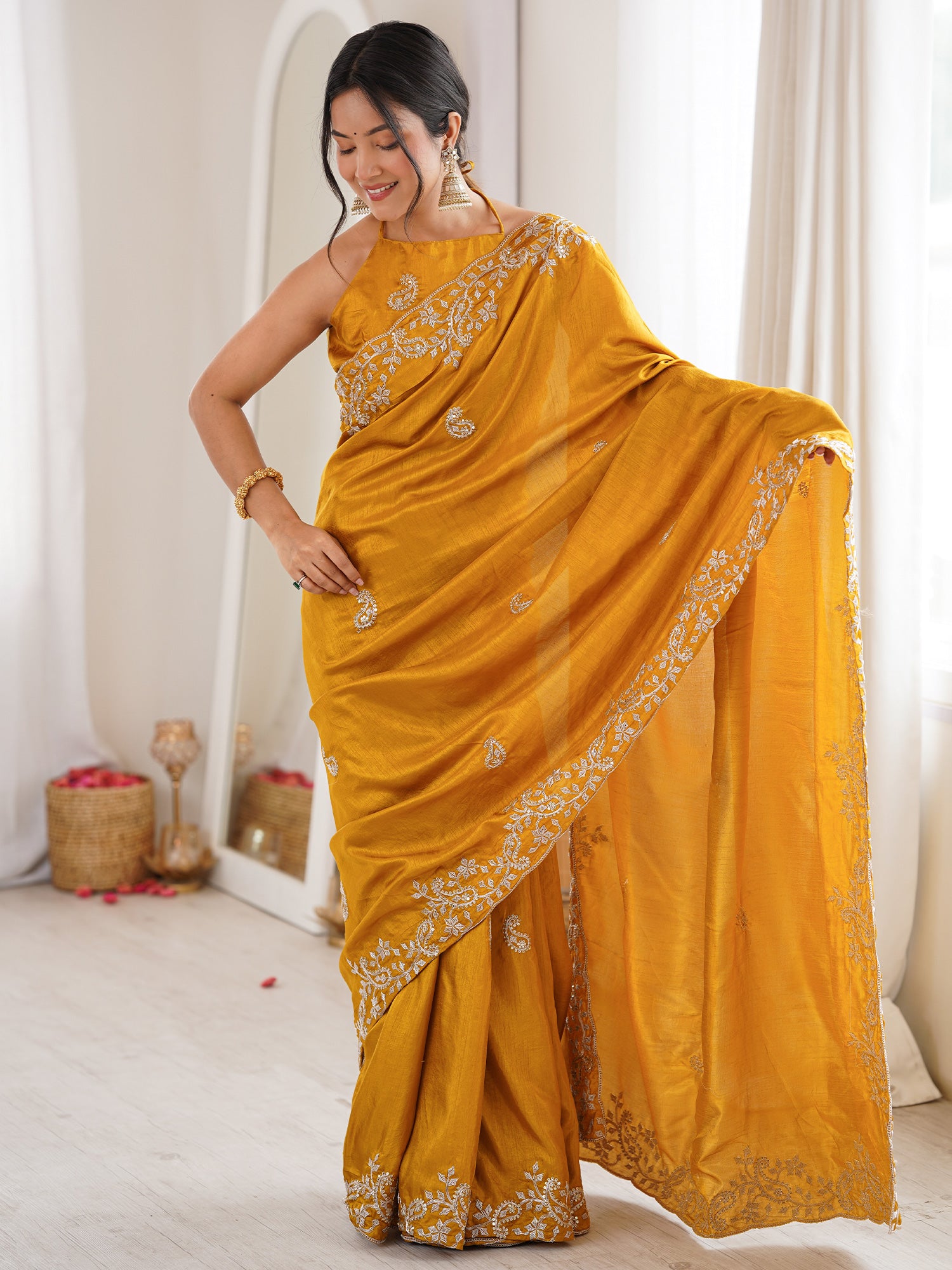Women's Dola Silk Mustard Embellished Designer Saree With Blouse Piece