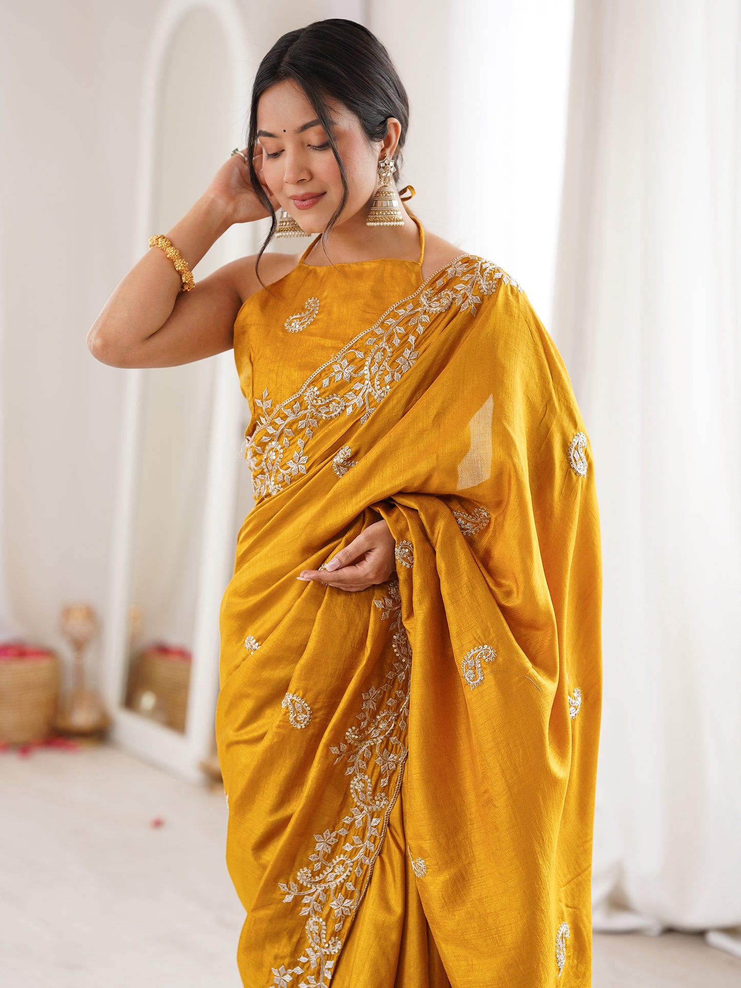 Women's Dola Silk Mustard Embellished Designer Saree With Blouse Piece