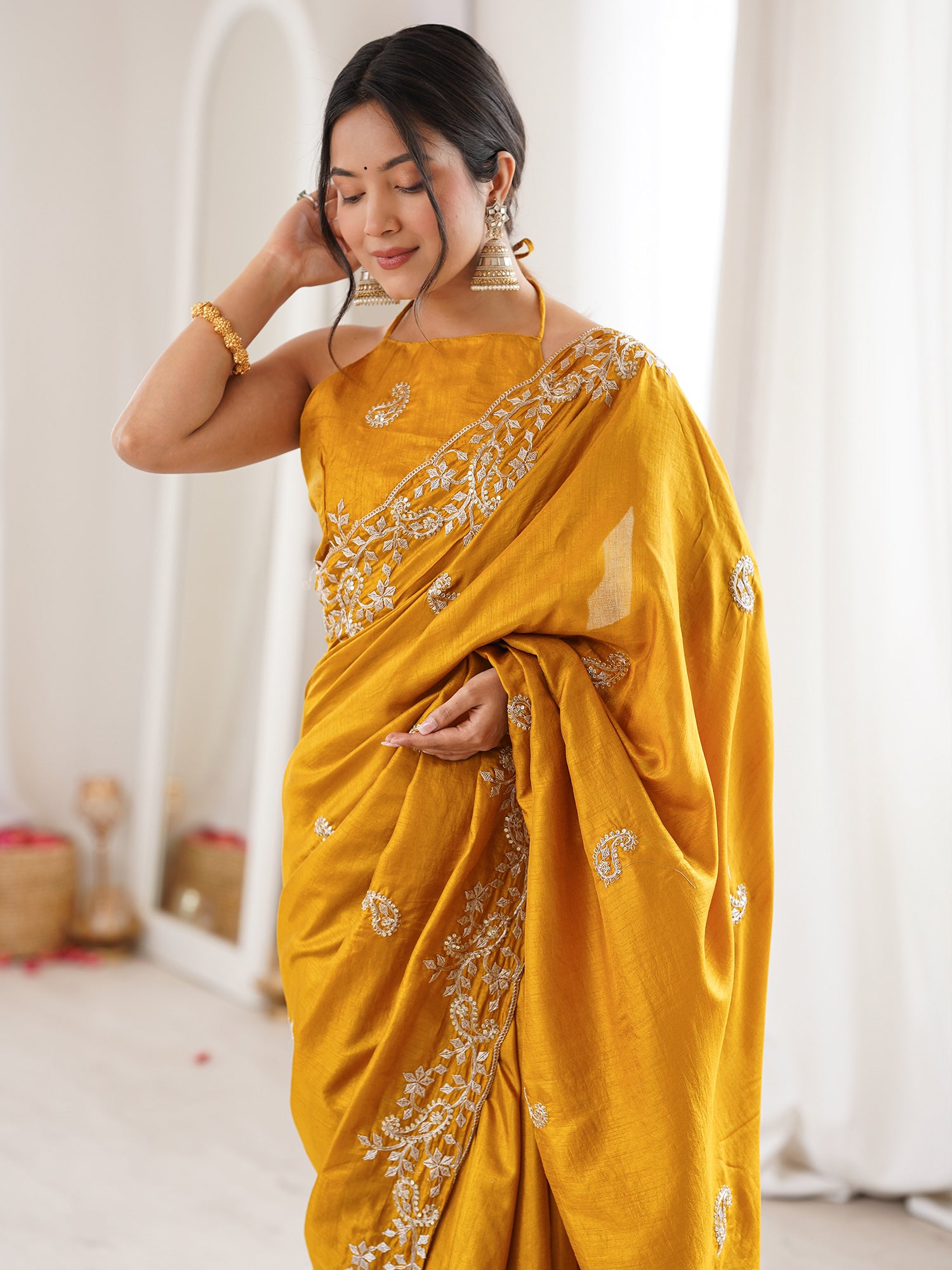 Women's Dola Silk Mustard Embellished Designer Saree With Blouse Piece