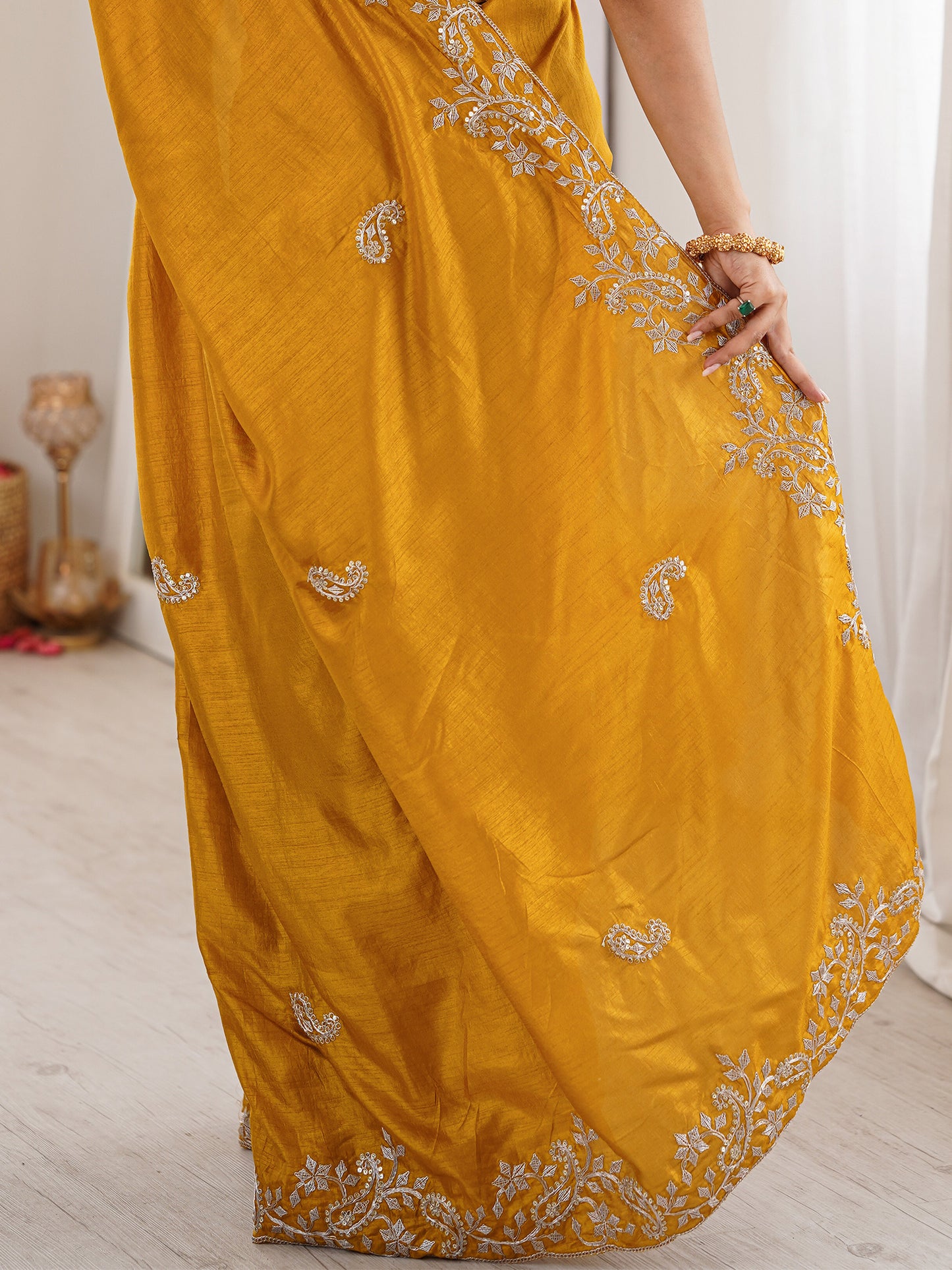 Women's Dola Silk Mustard Embellished Designer Saree With Blouse Piece
