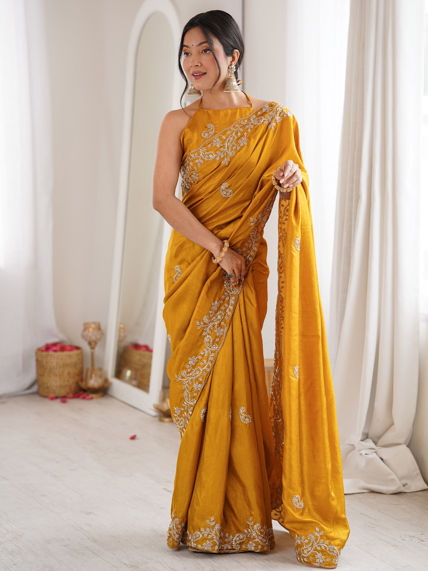 Women's Dola Silk Mustard Embellished Designer Saree With Blouse Piece