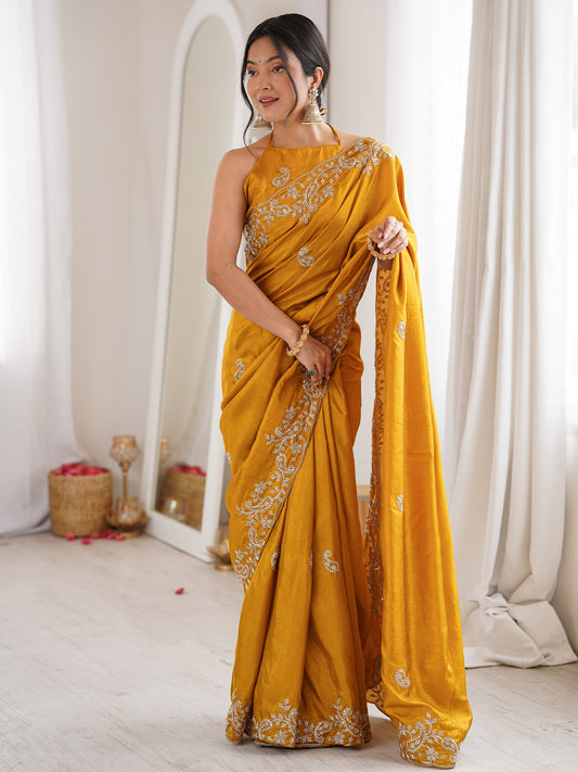 Women's Dola Silk Mustard Embellished Designer Saree With Blouse Piece