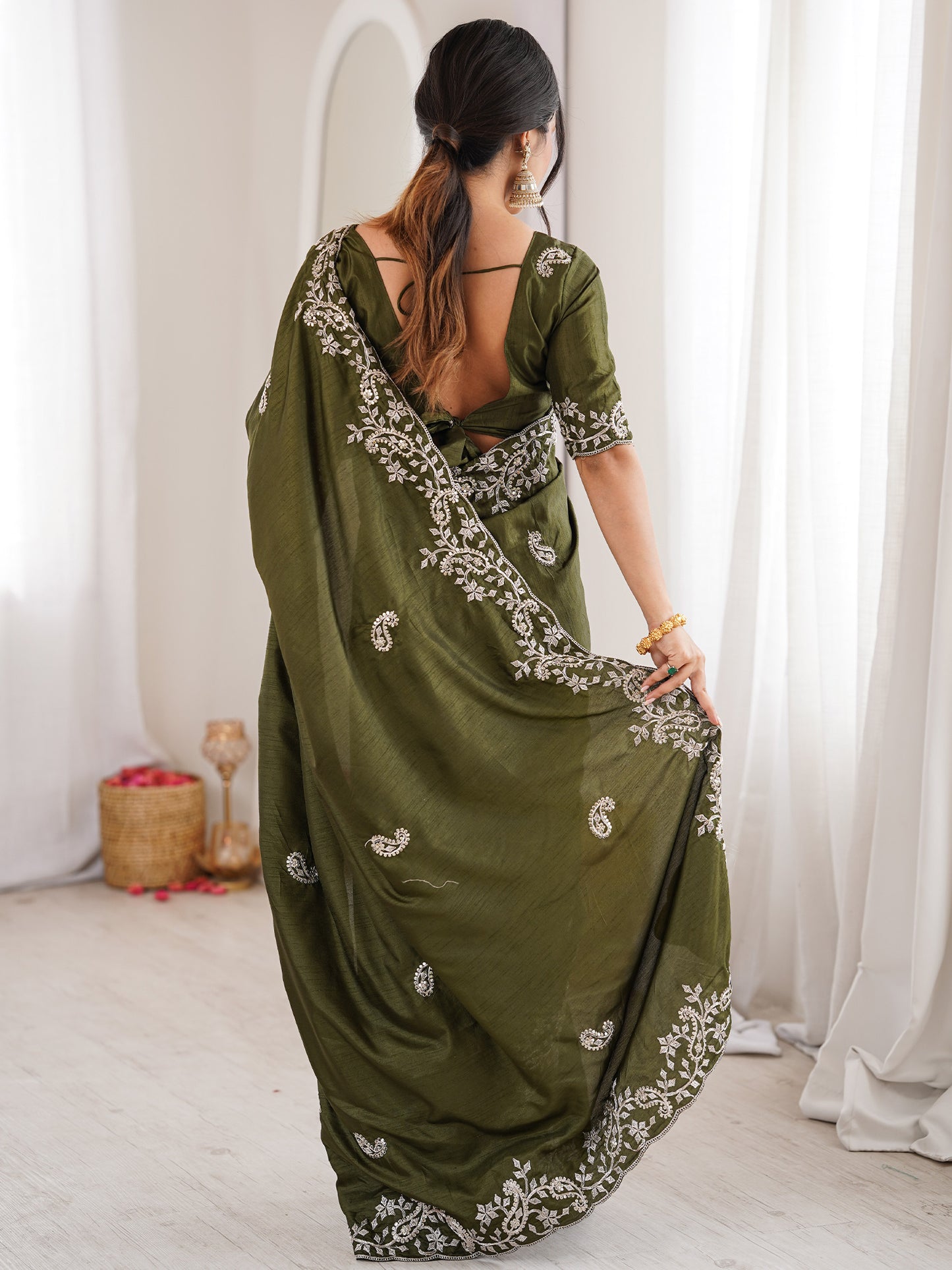 Women's Dola Silk Green Embellished Designer Saree With Blouse Piece