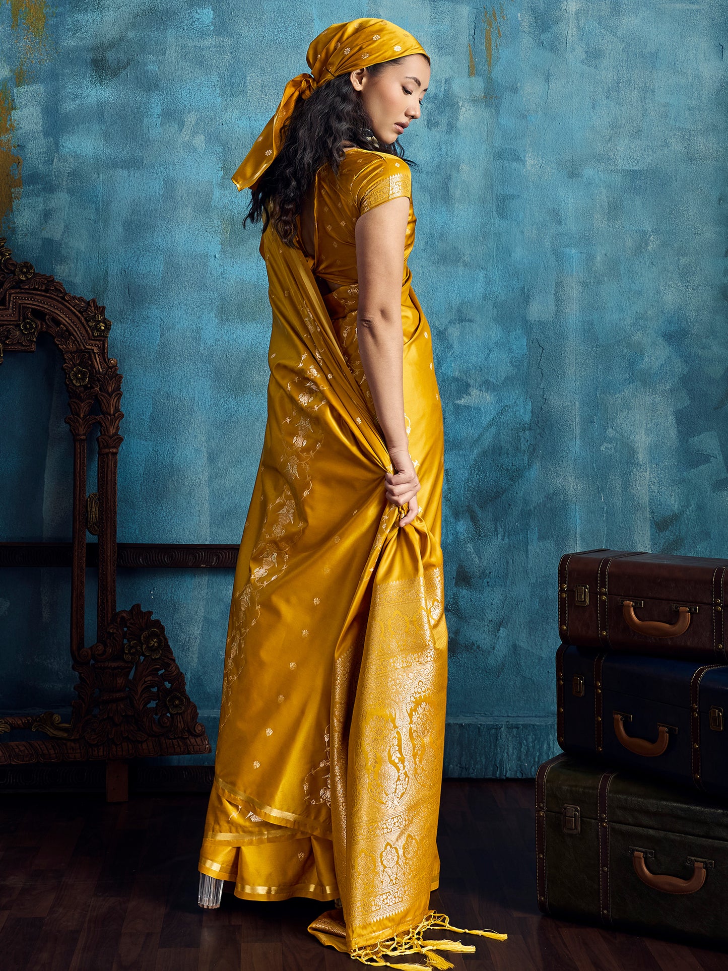 Women's Satin Mustard Woven Design Designer Saree With Blouse Piece