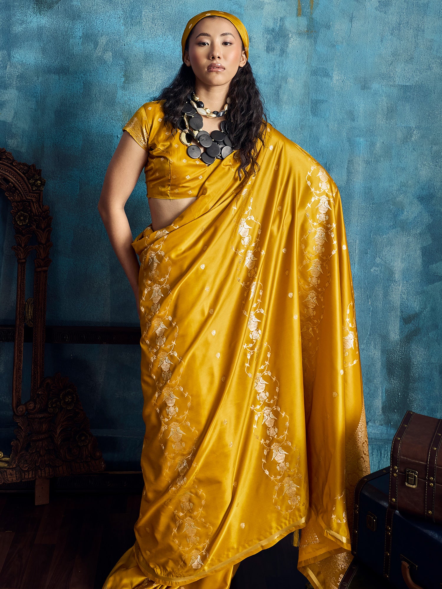 Women's Satin Mustard Woven Design Designer Saree With Blouse Piece