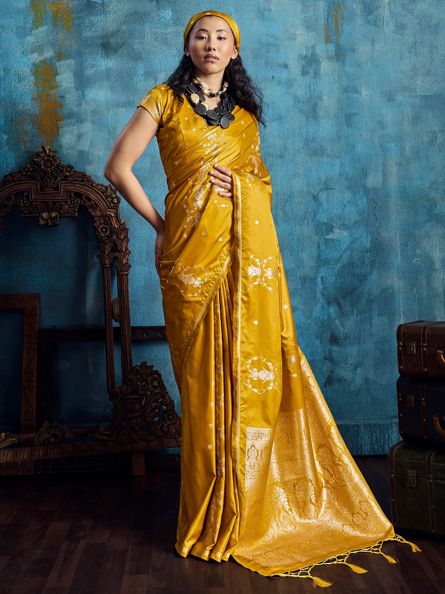 Women's Satin Mustard Woven Design Designer Saree With Blouse Piece
