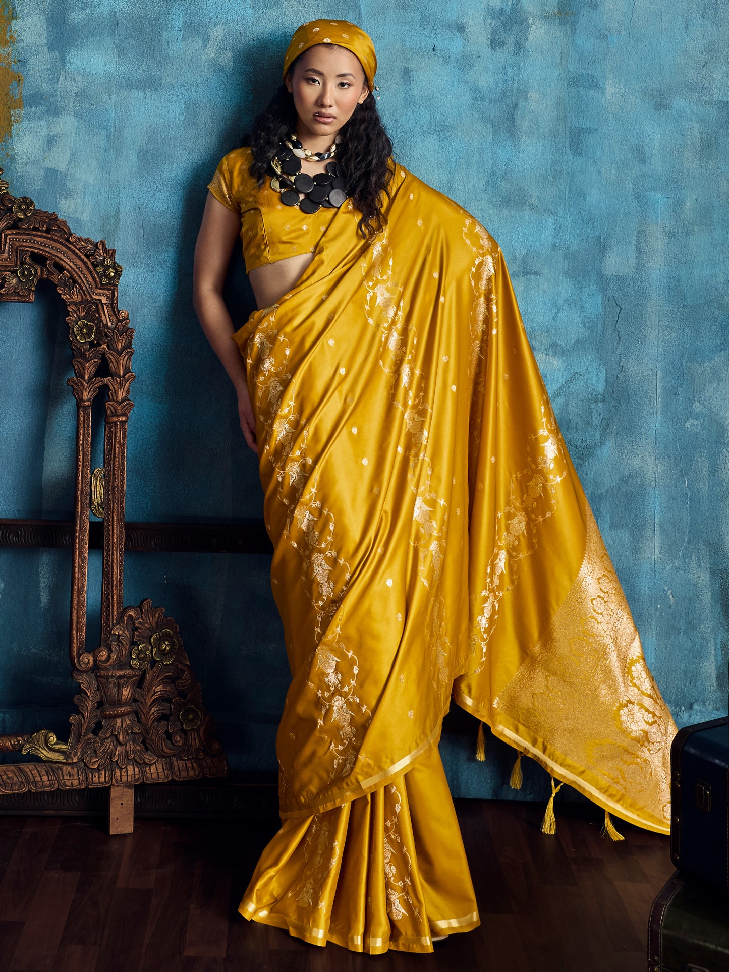 Women's Satin Mustard Woven Design Designer Saree With Blouse Piece
