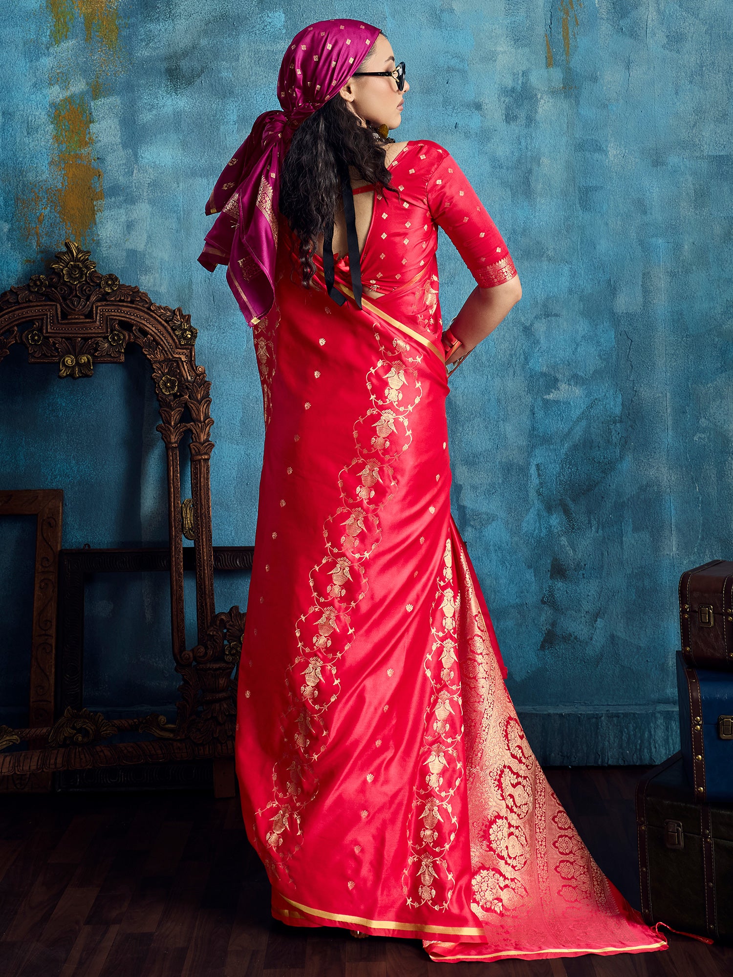 Women's Satin Red Woven Design Designer Saree With Blouse Piece