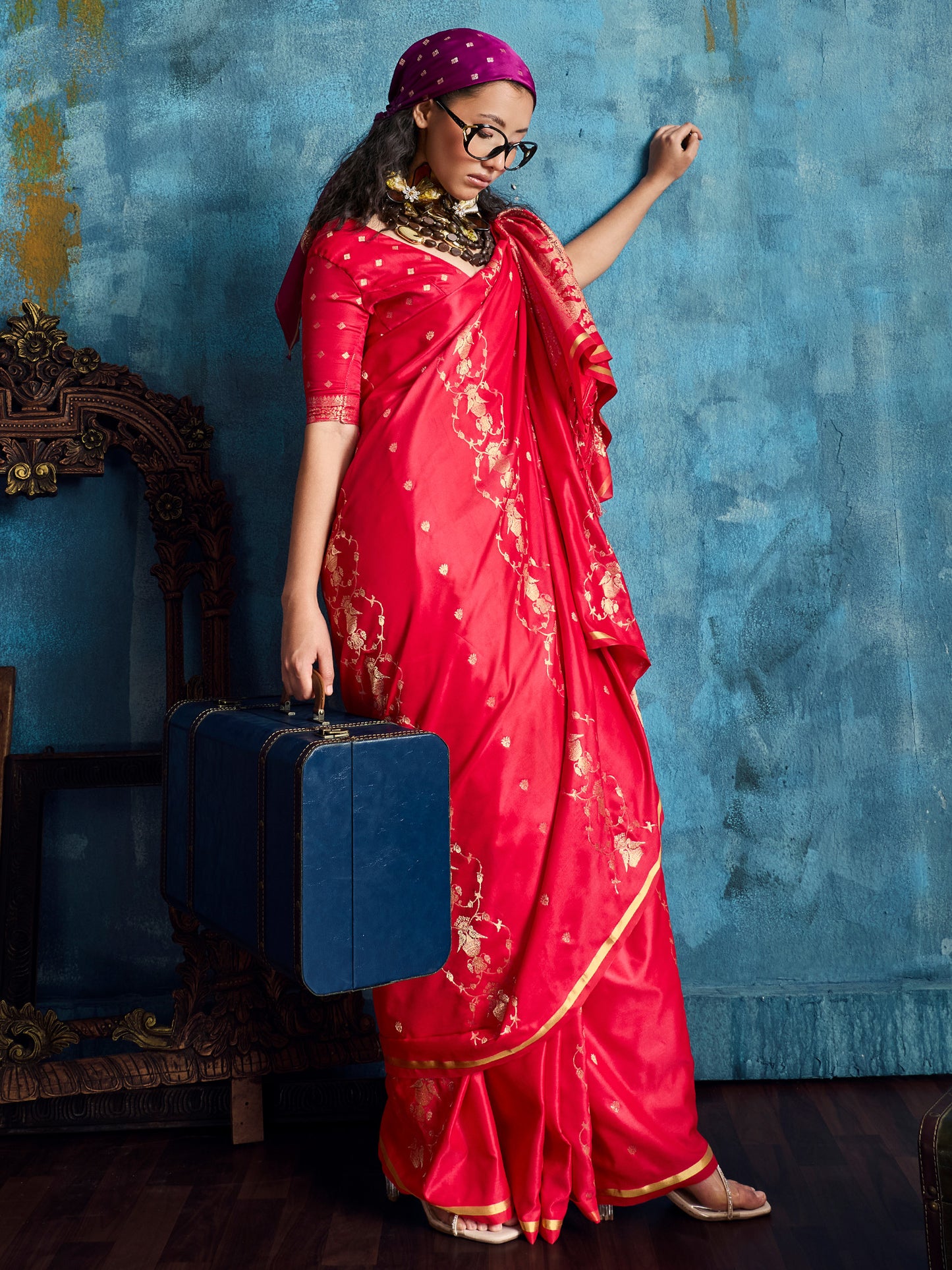 Women's Satin Red Woven Design Designer Saree With Blouse Piece