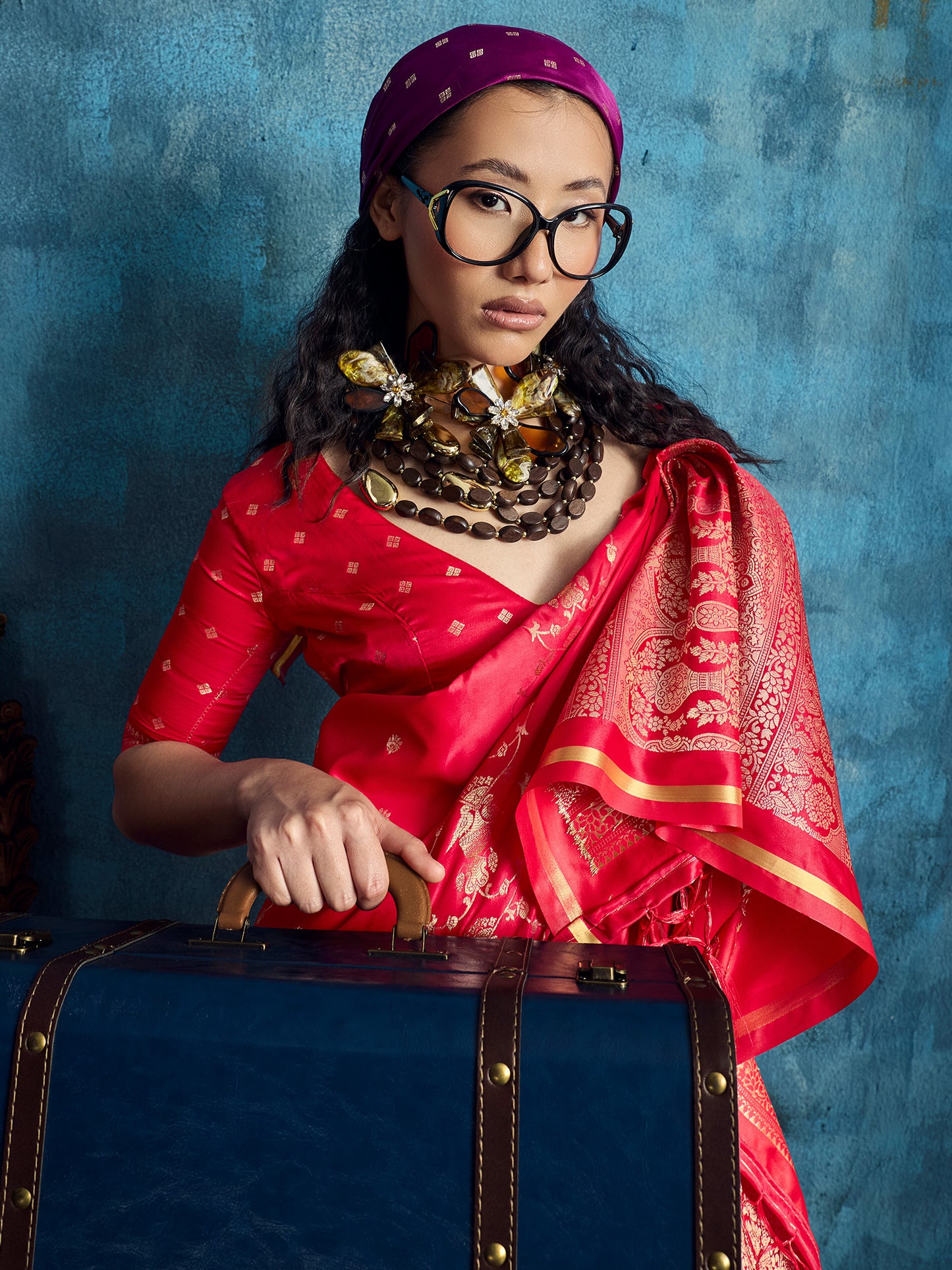 Women's Satin Red Woven Design Designer Saree With Blouse Piece