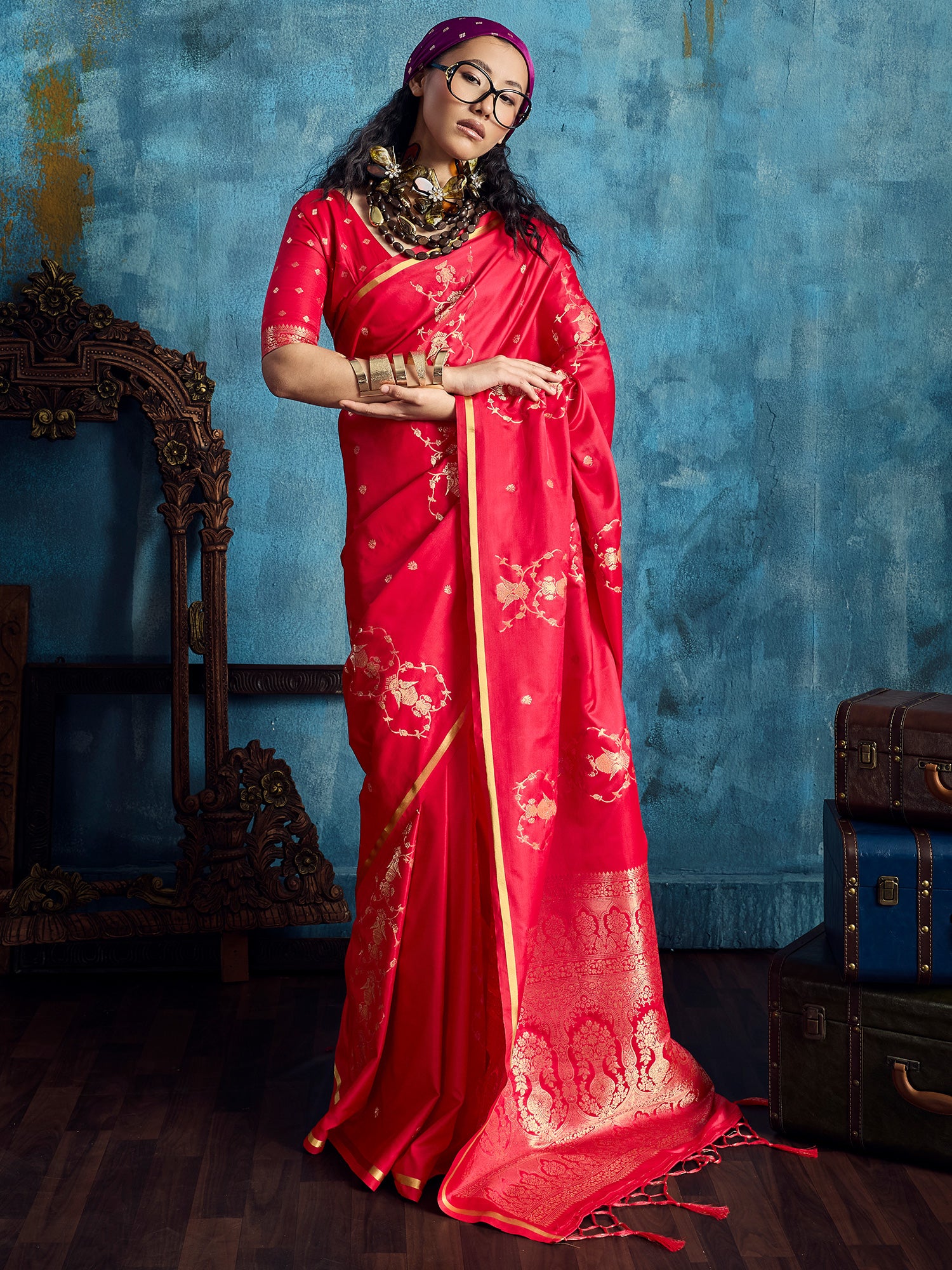 Women's Satin Red Woven Design Designer Saree With Blouse Piece