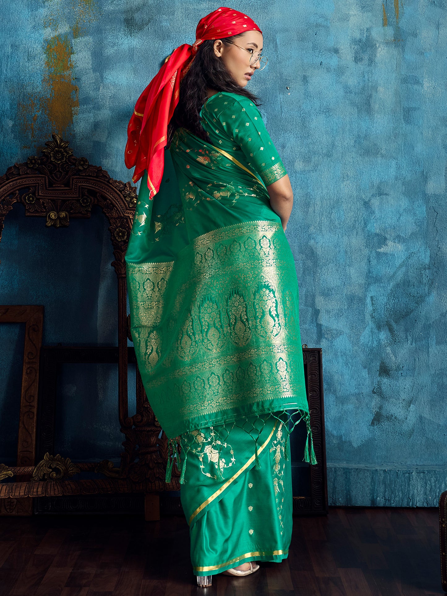 Women's Satin Teal green Woven Design Designer Saree With Blouse Piece