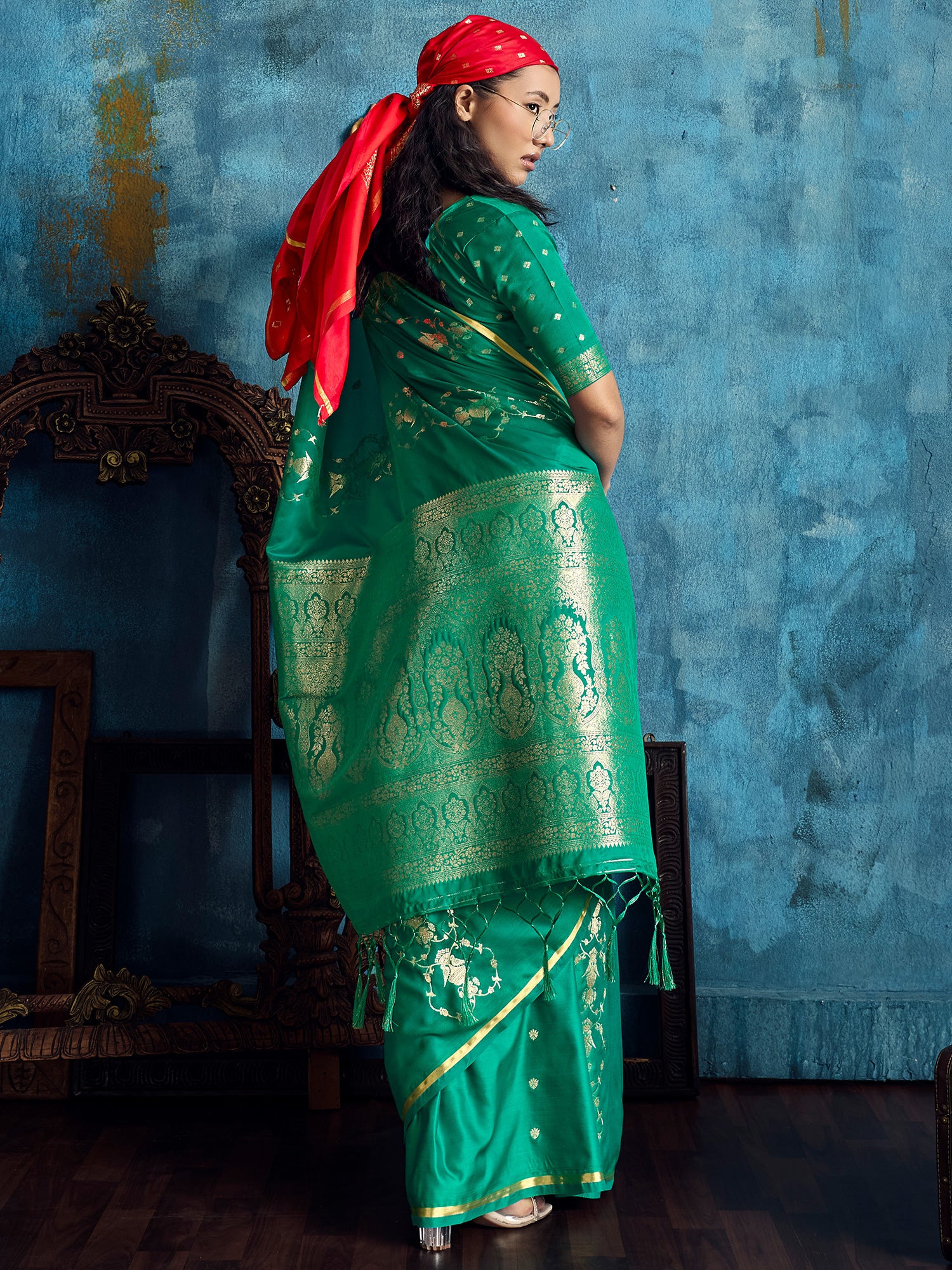 Women's Satin Teal green Woven Design Designer Saree With Blouse Piece