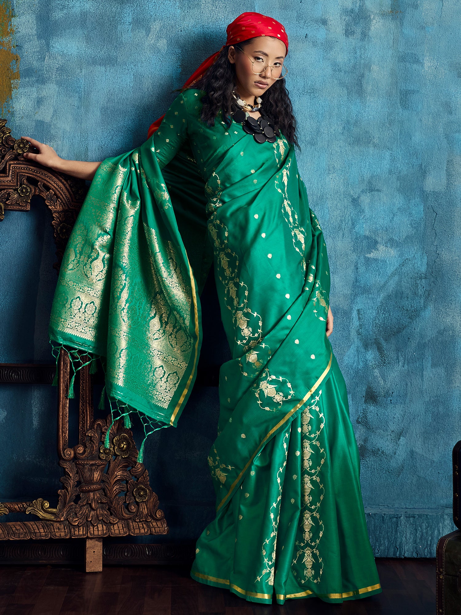 Women's Satin Teal green Woven Design Designer Saree With Blouse Piece