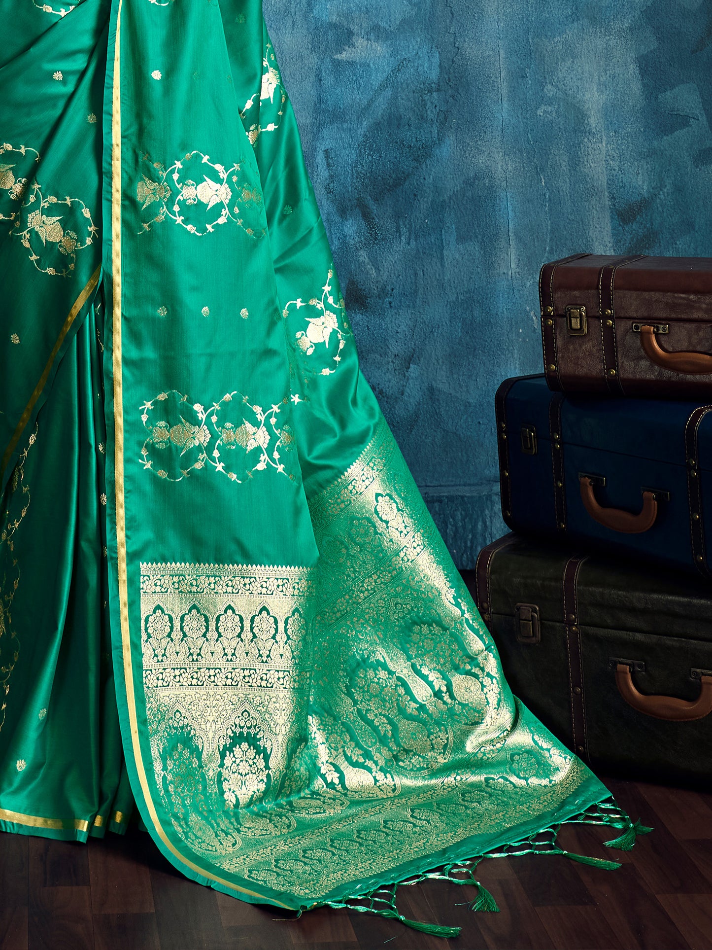Women's Satin Teal green Woven Design Designer Saree With Blouse Piece