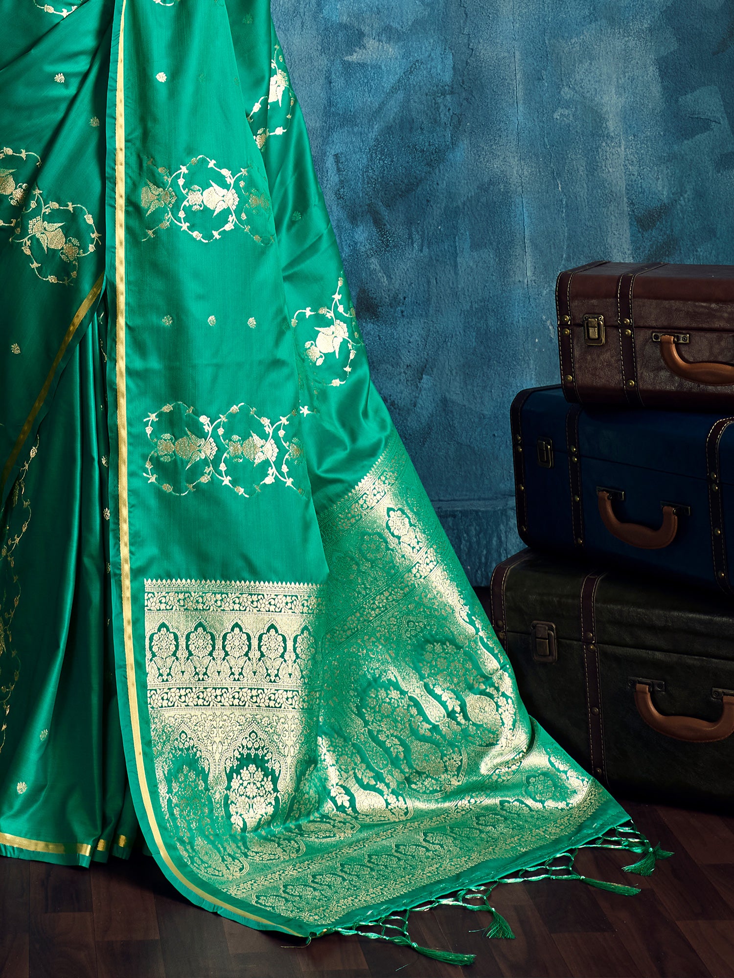 Women's Satin Teal green Woven Design Designer Saree With Blouse Piece