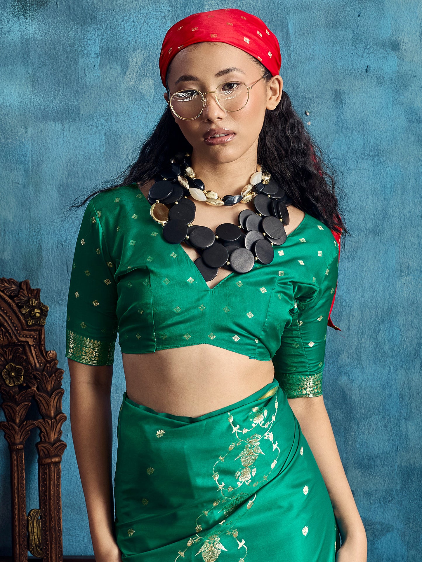 Women's Satin Teal green Woven Design Designer Saree With Blouse Piece