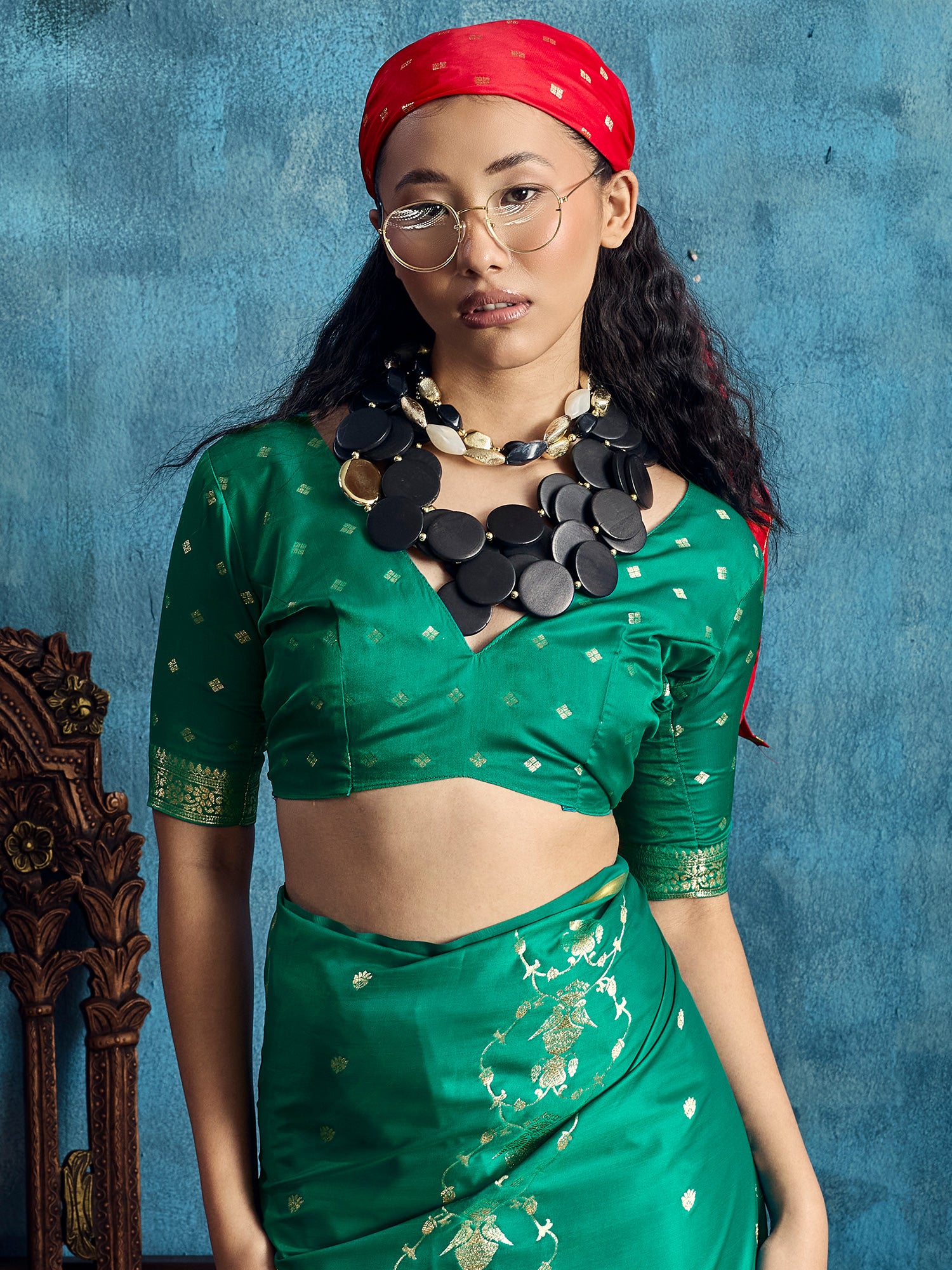Women's Satin Teal green Woven Design Designer Saree With Blouse Piece