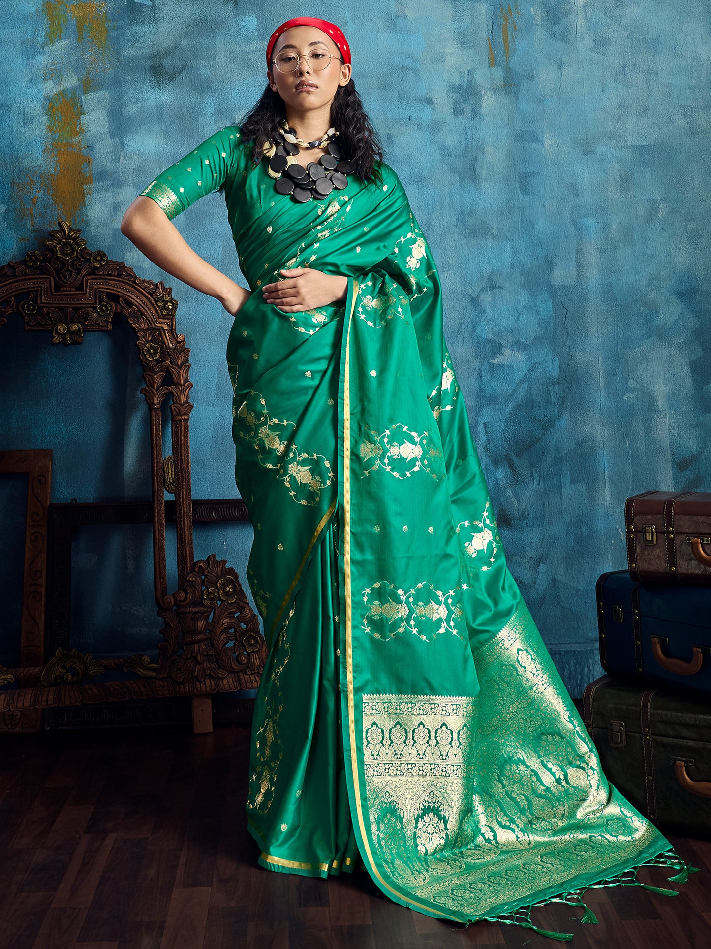 Women's Satin Teal green Woven Design Designer Saree With Blouse Piece