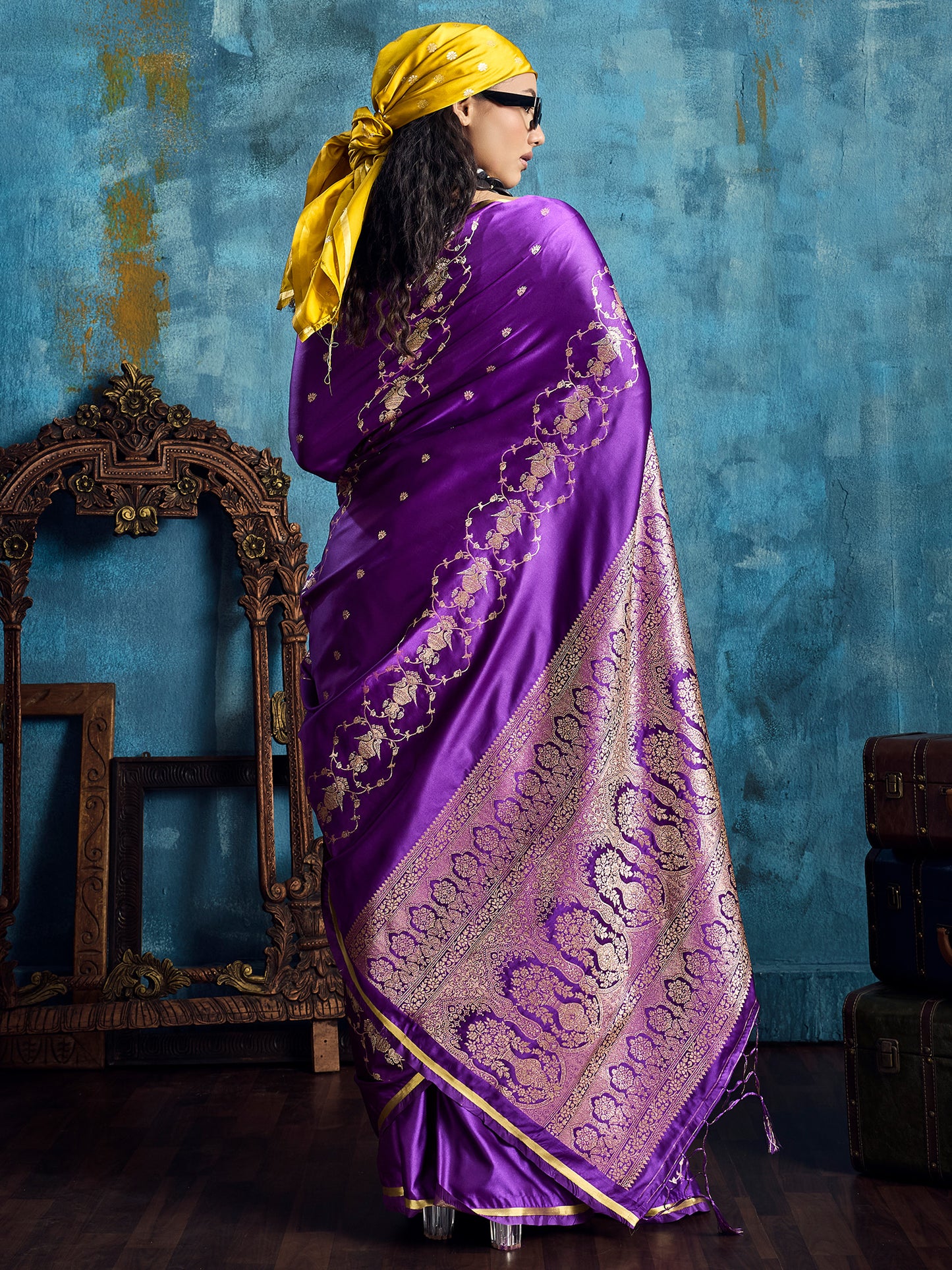 Women's Satin Purple Woven Design Designer Saree With Blouse Piece