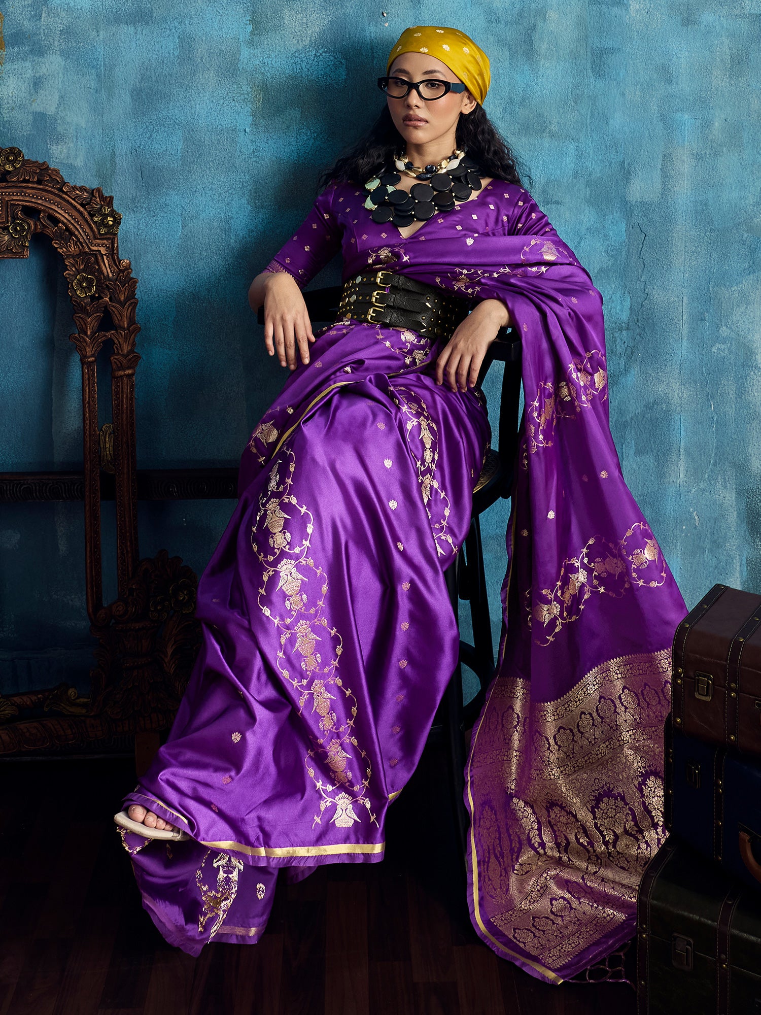Women's Satin Purple Woven Design Designer Saree With Blouse Piece