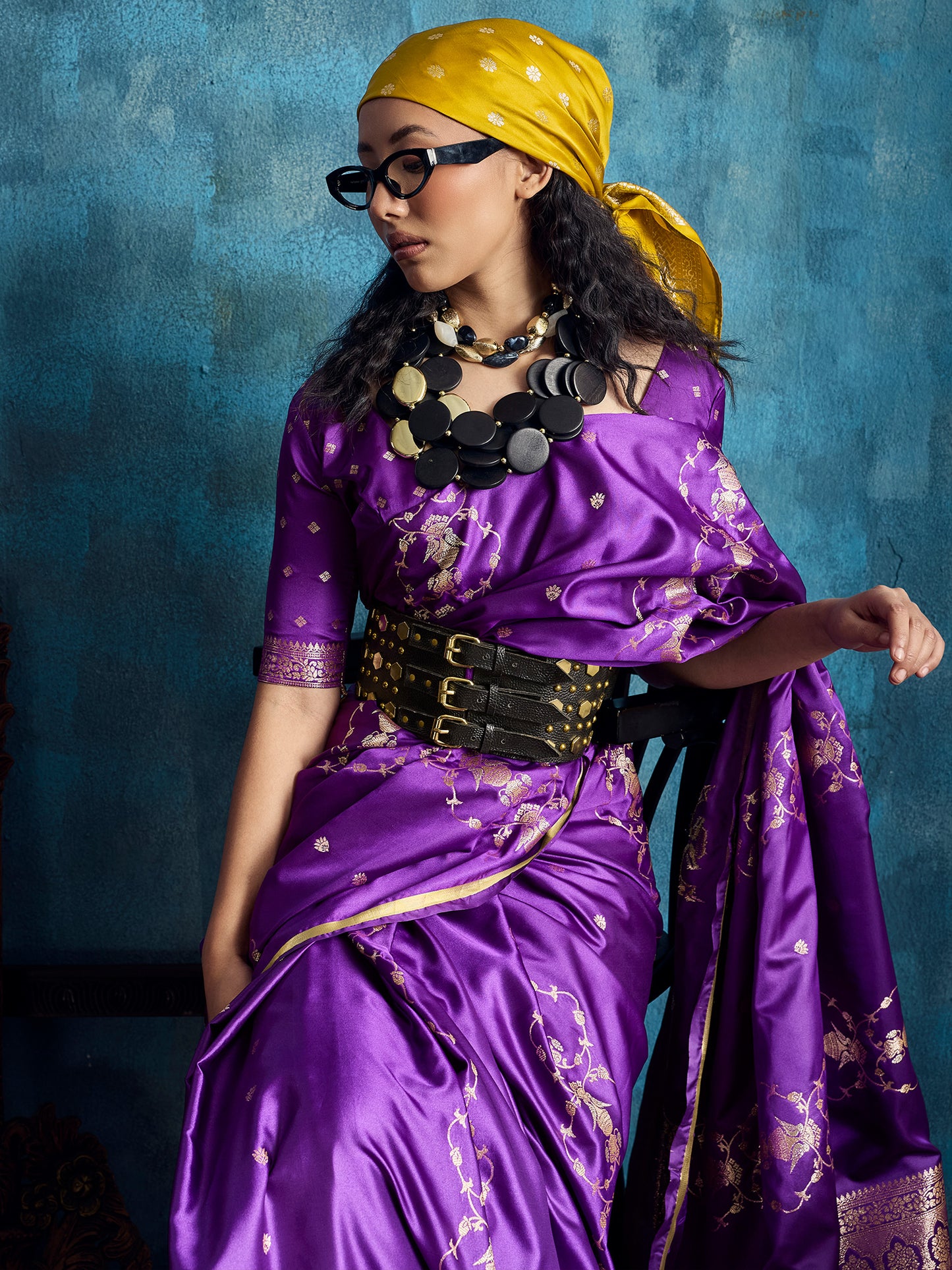 Women's Satin Purple Woven Design Designer Saree With Blouse Piece