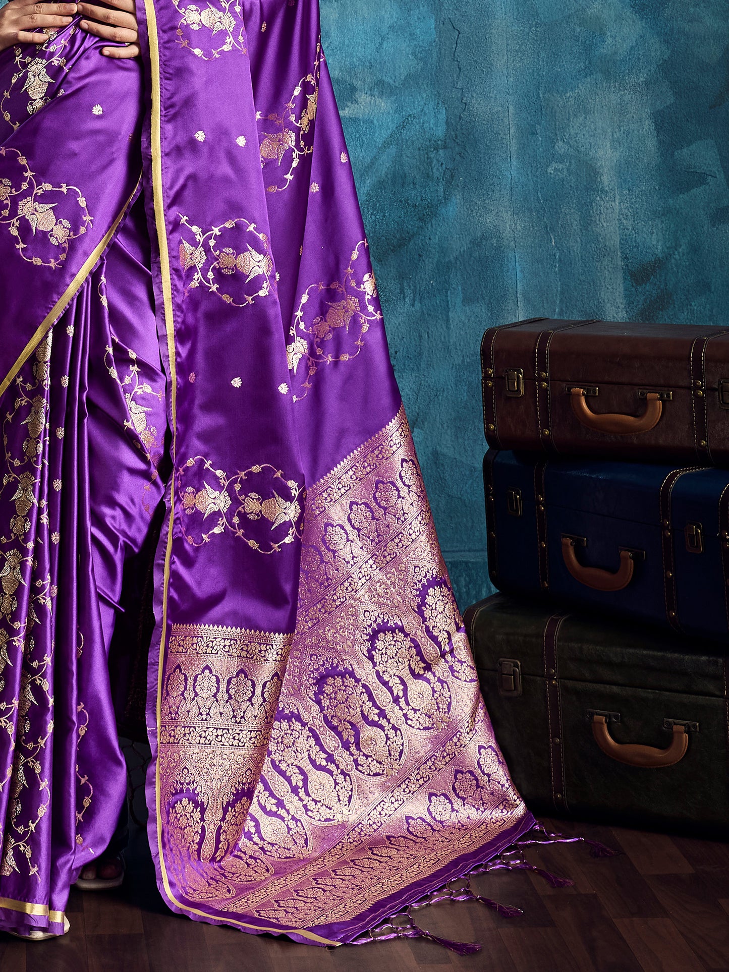 Women's Satin Purple Woven Design Designer Saree With Blouse Piece