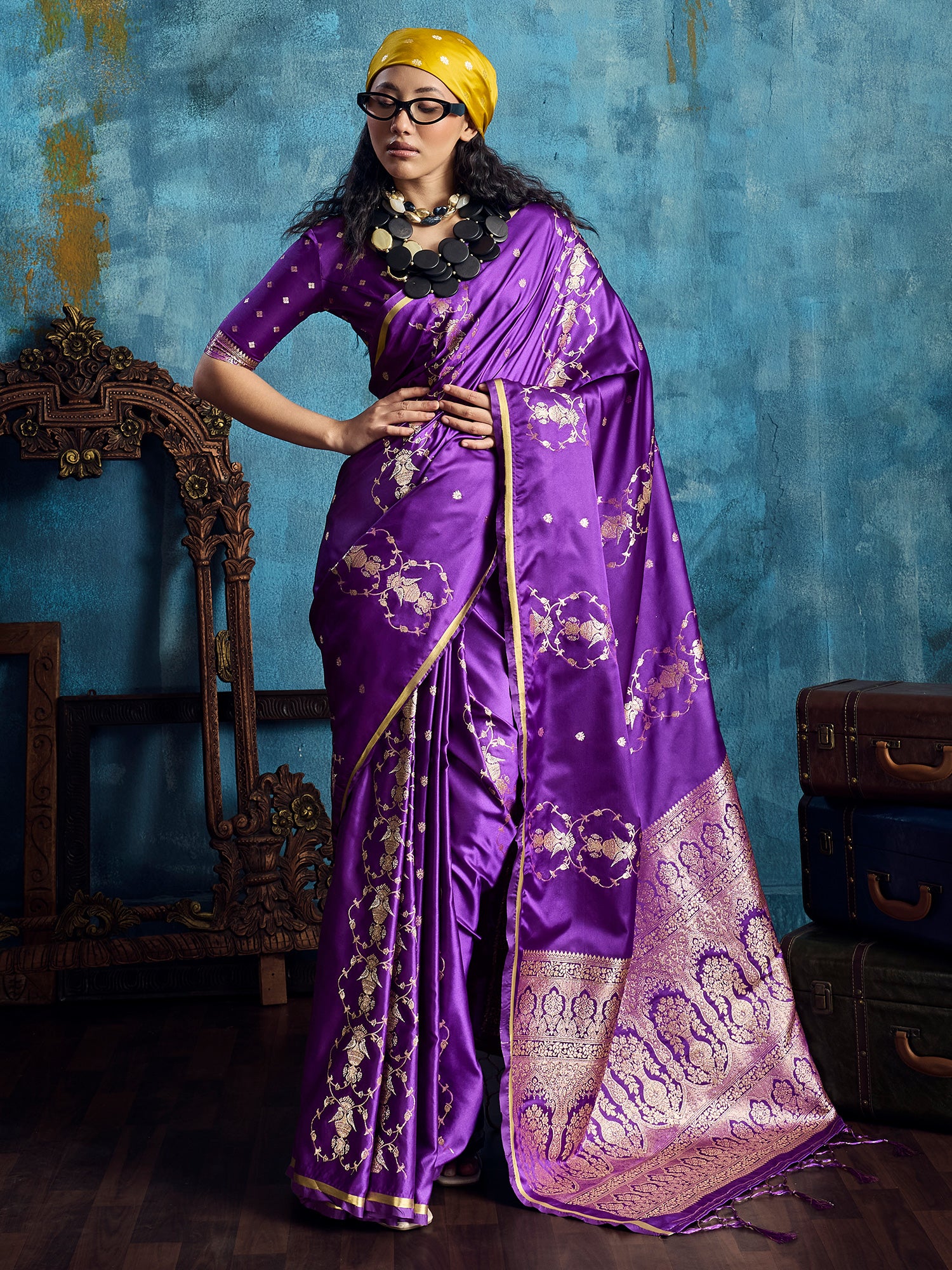 Women's Satin Purple Woven Design Designer Saree With Blouse Piece