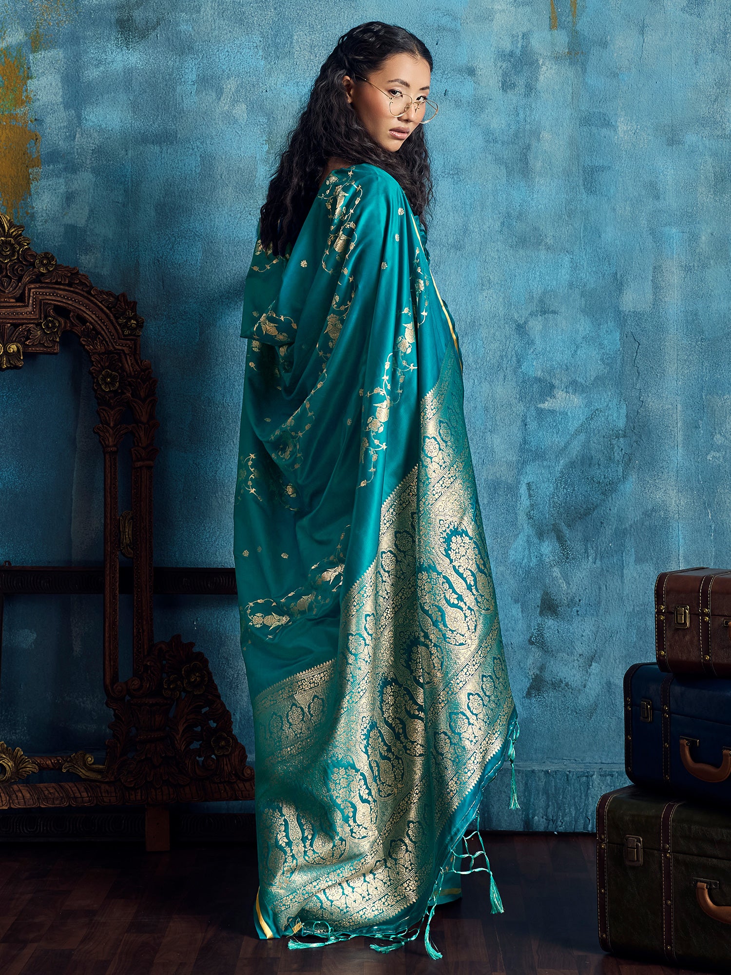 Women's Satin Teal blue Woven Design Designer Saree With Blouse Piece