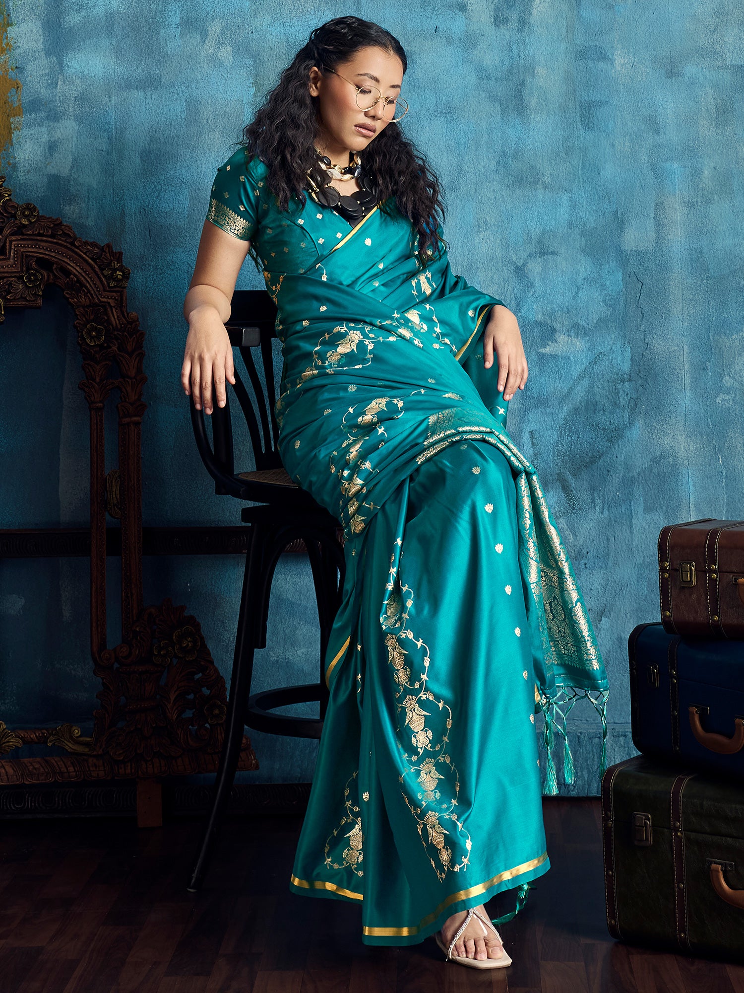 Women's Satin Teal blue Woven Design Designer Saree With Blouse Piece