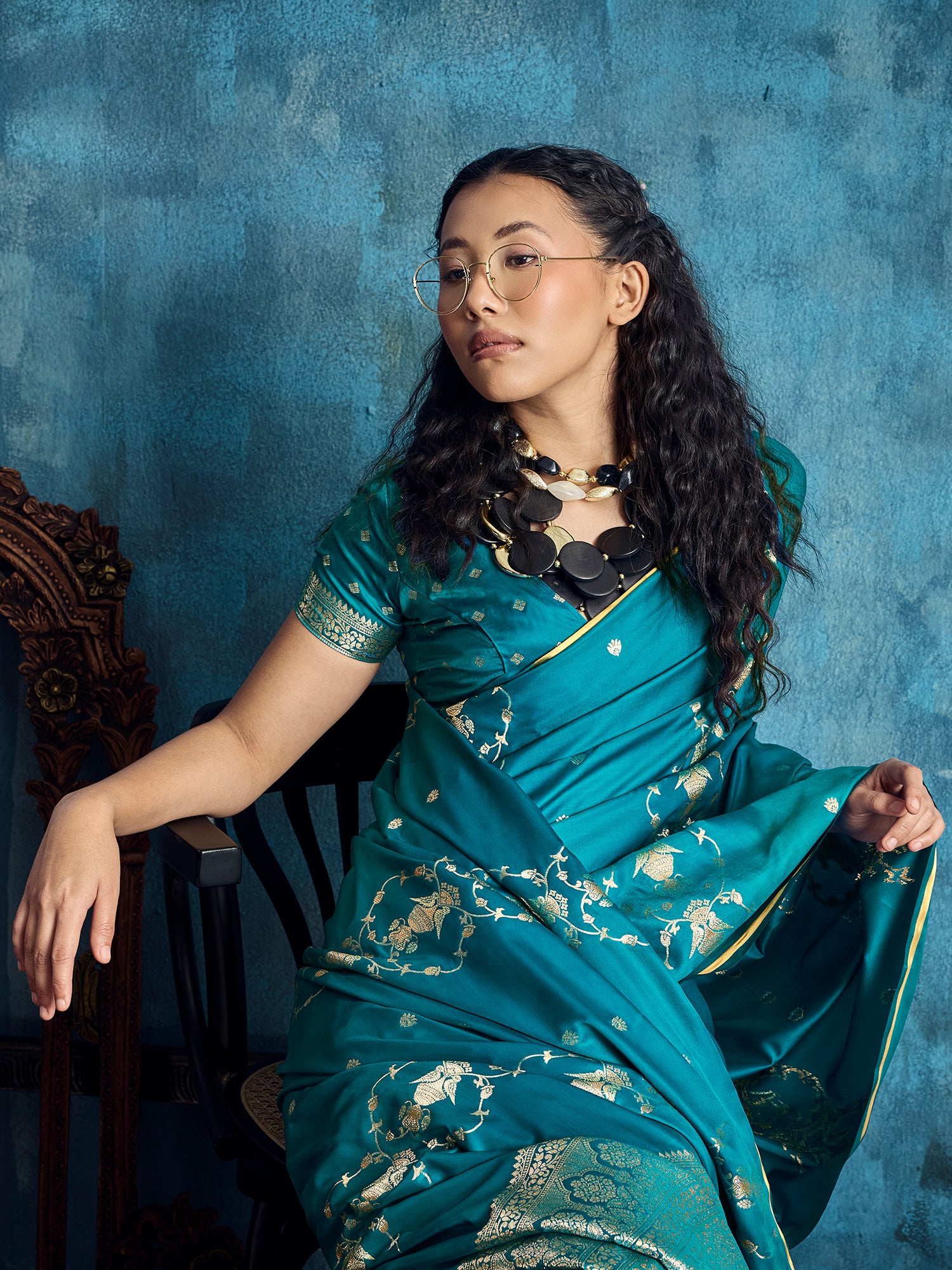 Women's Satin Teal blue Woven Design Designer Saree With Blouse Piece