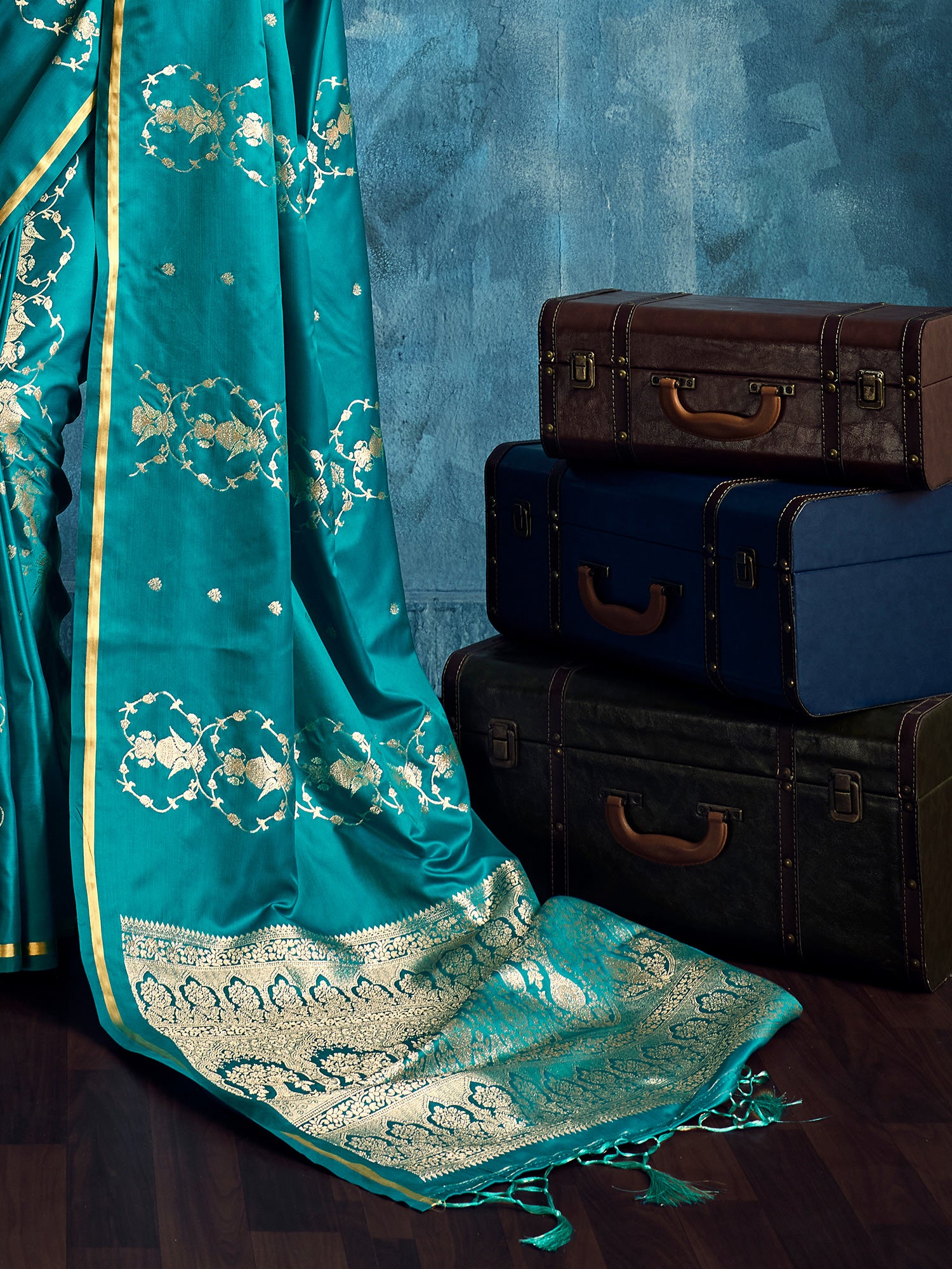 Women's Satin Teal blue Woven Design Designer Saree With Blouse Piece