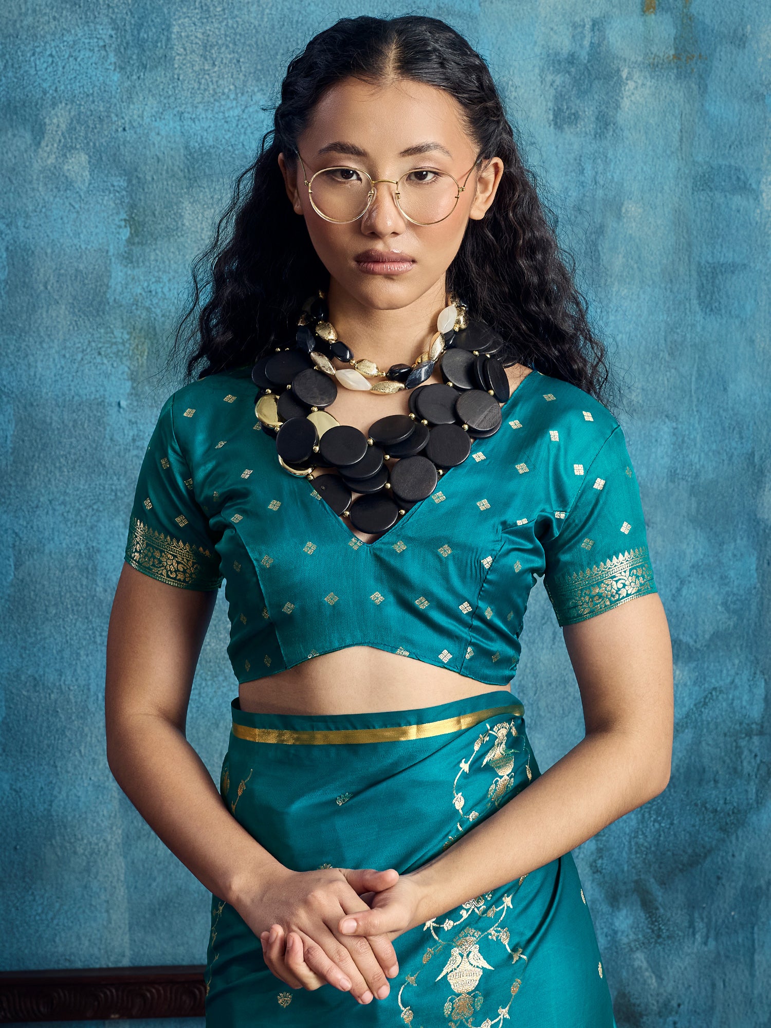 Women's Satin Teal blue Woven Design Designer Saree With Blouse Piece