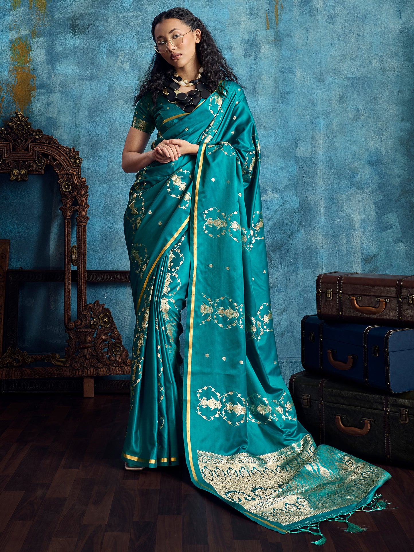 Women's Satin Teal blue Woven Design Designer Saree With Blouse Piece