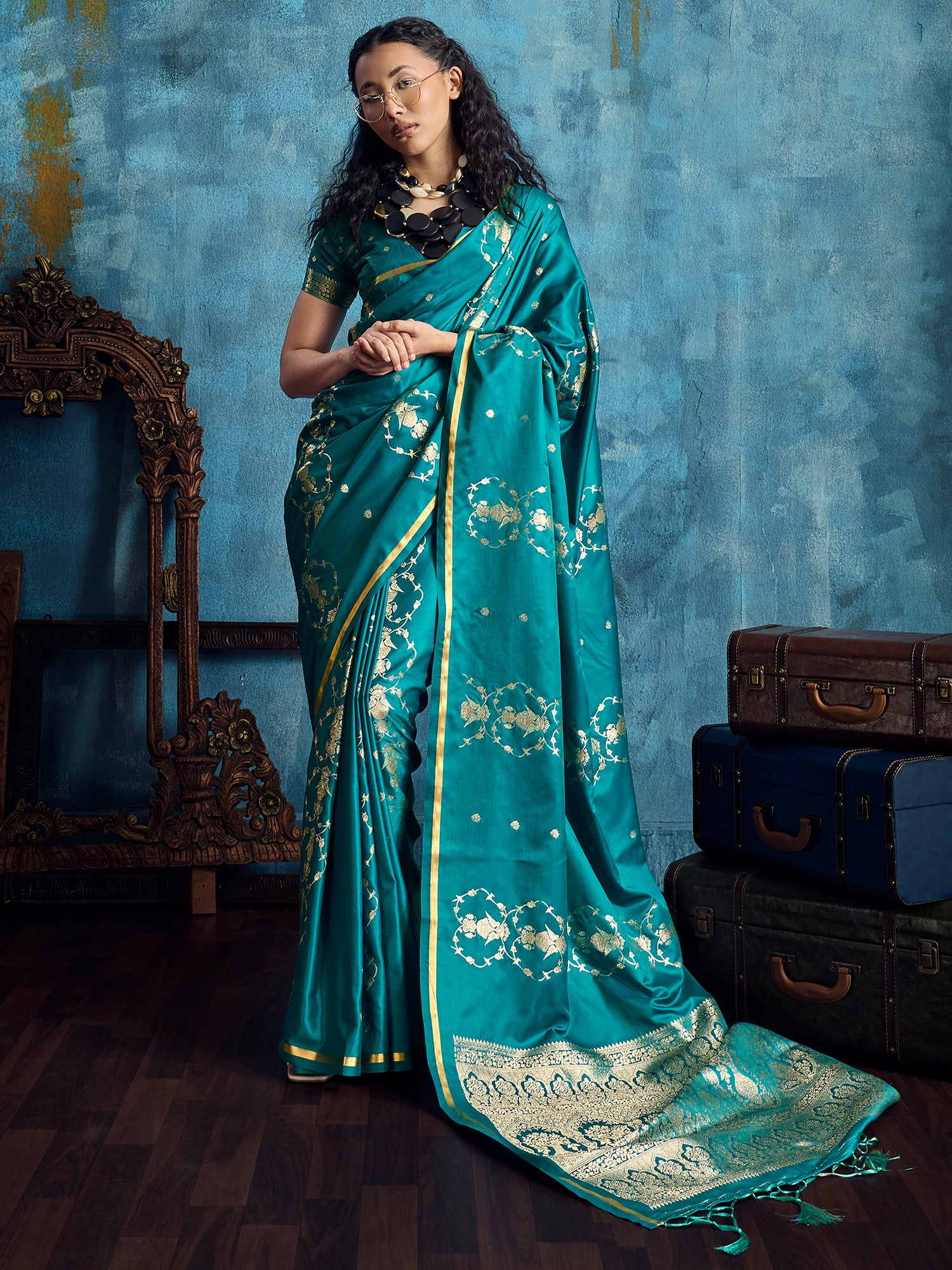Women's Satin Teal blue Woven Design Designer Saree With Blouse Piece