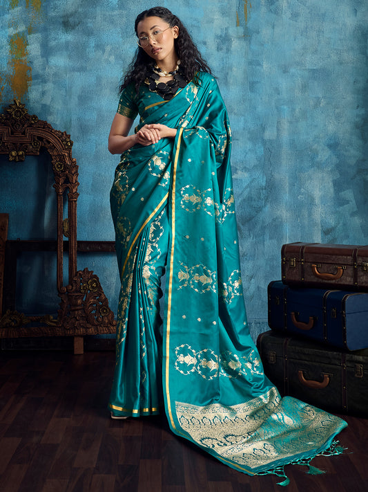 Women's Satin Teal blue Woven Design Designer Saree With Blouse Piece